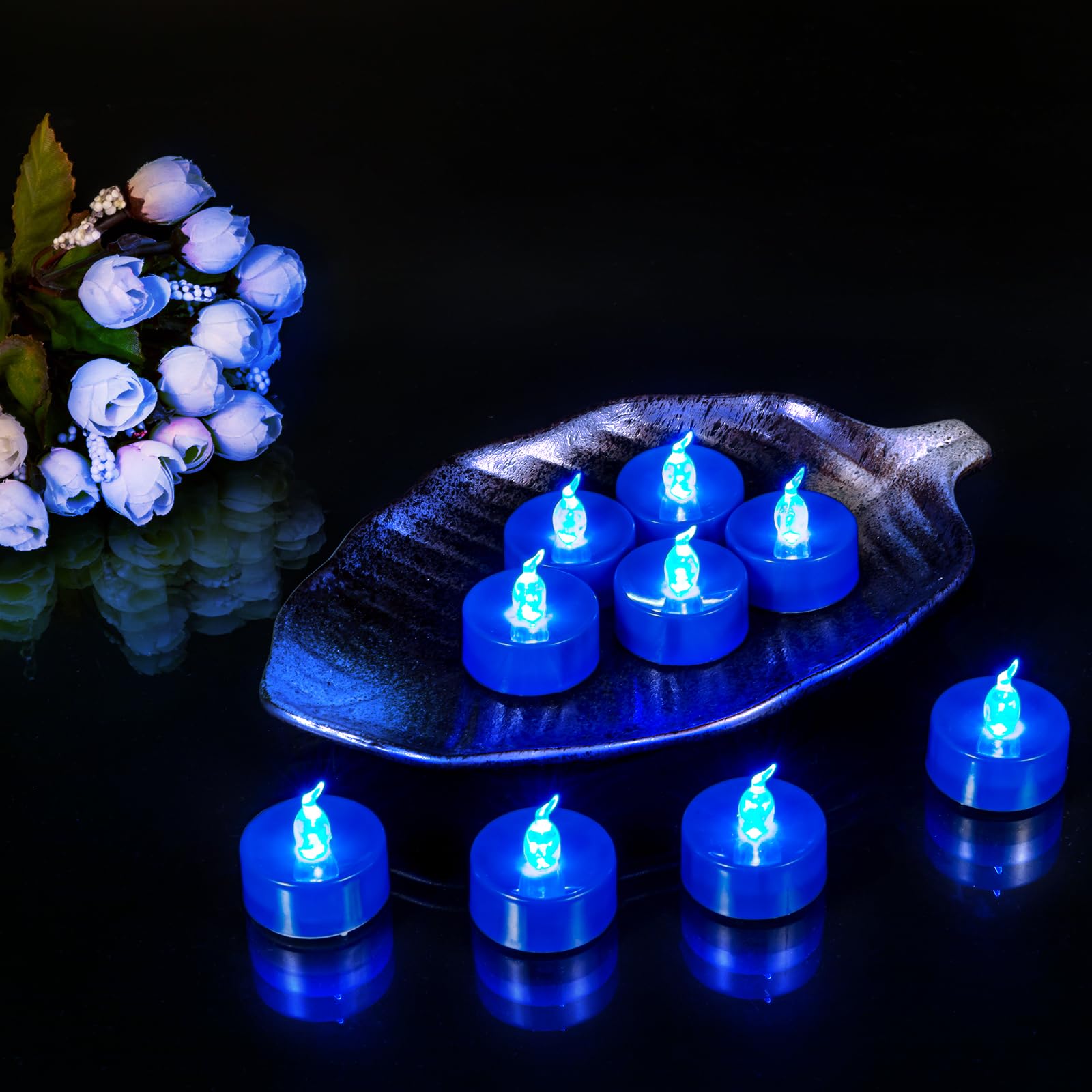 Windshell 24 Pcs Blue Flickering Flame Tea Lights (Blue Led Light Source), Battery Operated Led Tealight Candles, Blue Flameless