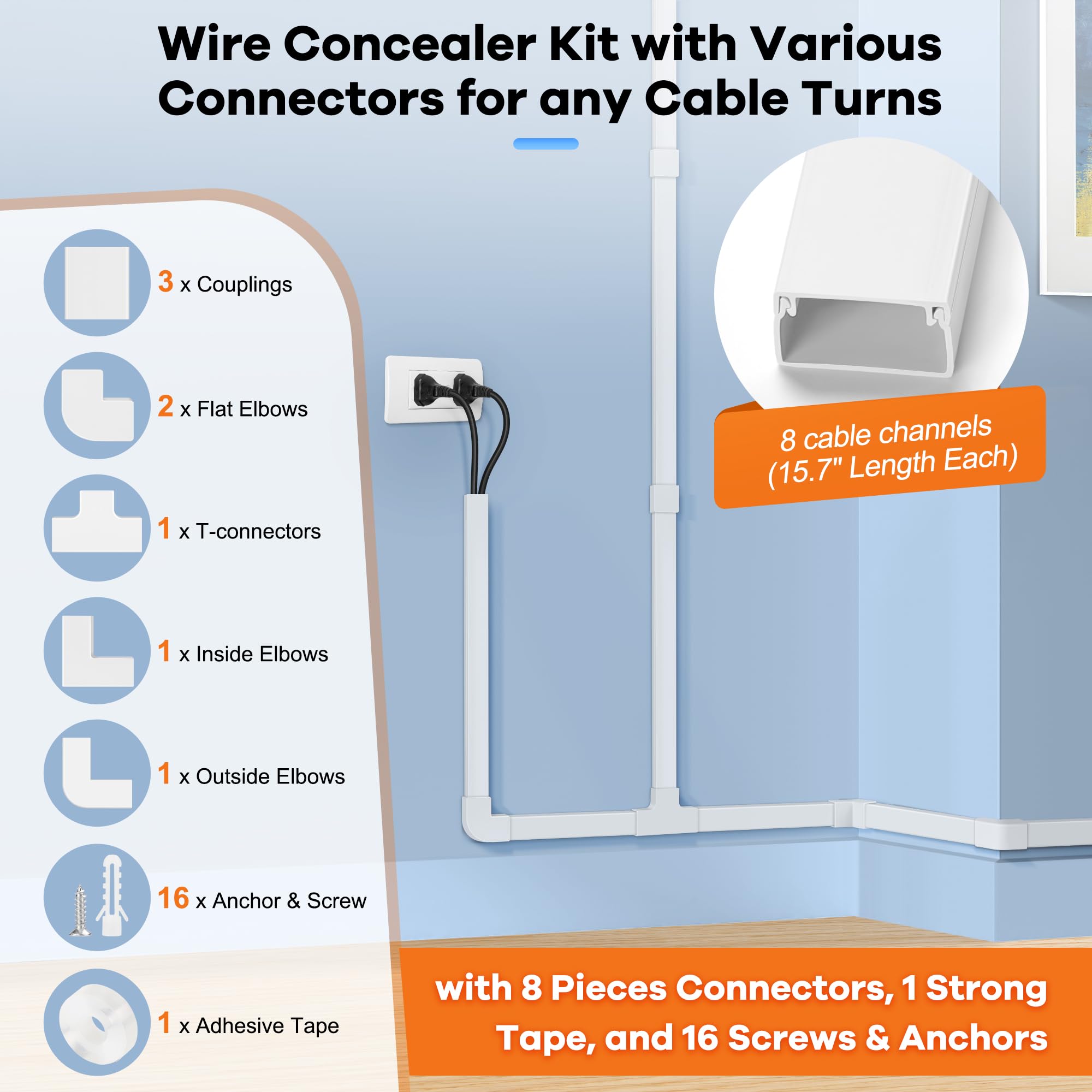 126In Cord Hider Kit, Zhiyo Wire Hiders For Tv On Wall, Paintable Cable Management Kit, Wire Cover For Wall Mount Tv, White Cabl