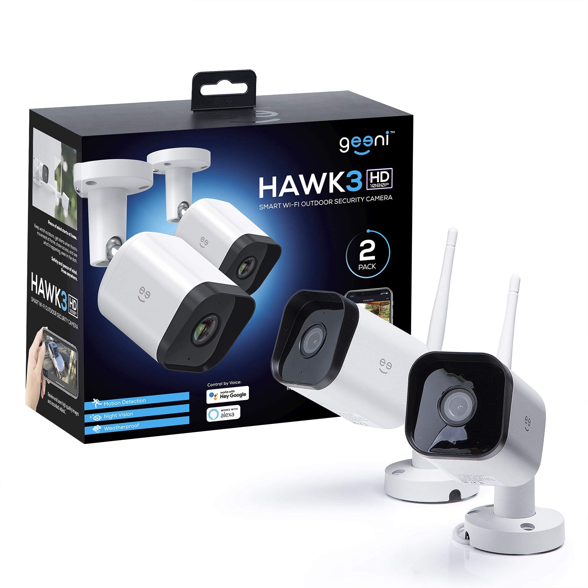 Geeni Hawk 3 Outdoor Security Camera, 1080P Hd, Weatherproof, Motion Detection, Night Vision, Two Way Audio, Cloud & Microsd Storage, Alexa & Google Assistant Compatible, Wi Fi, 2 Pack