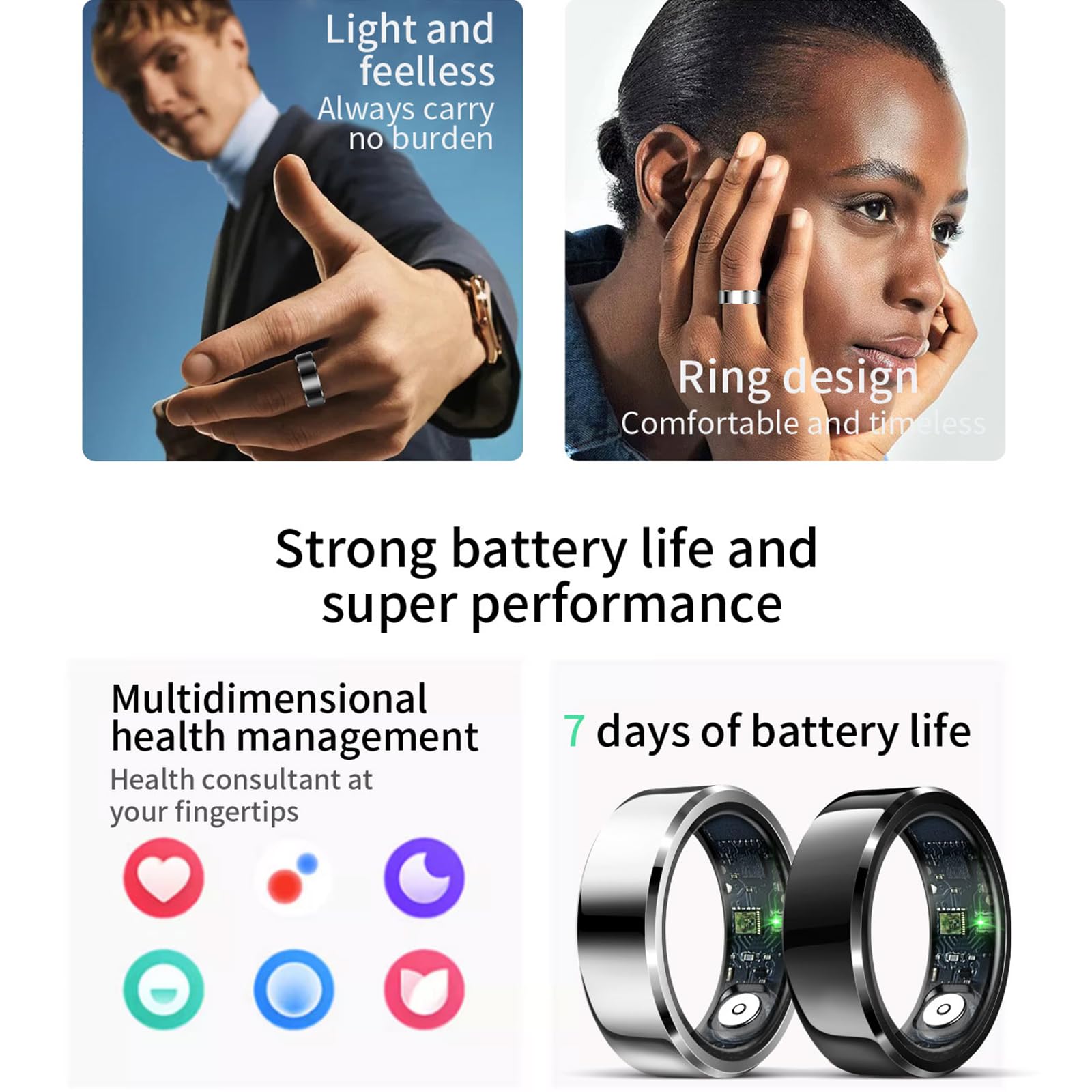 Hittopss Smart Ring, Fitness Sleep Health Tracker Rings For Men Women, No App Subscription, Sleep Tracking, Heart Rate, Blood Ox