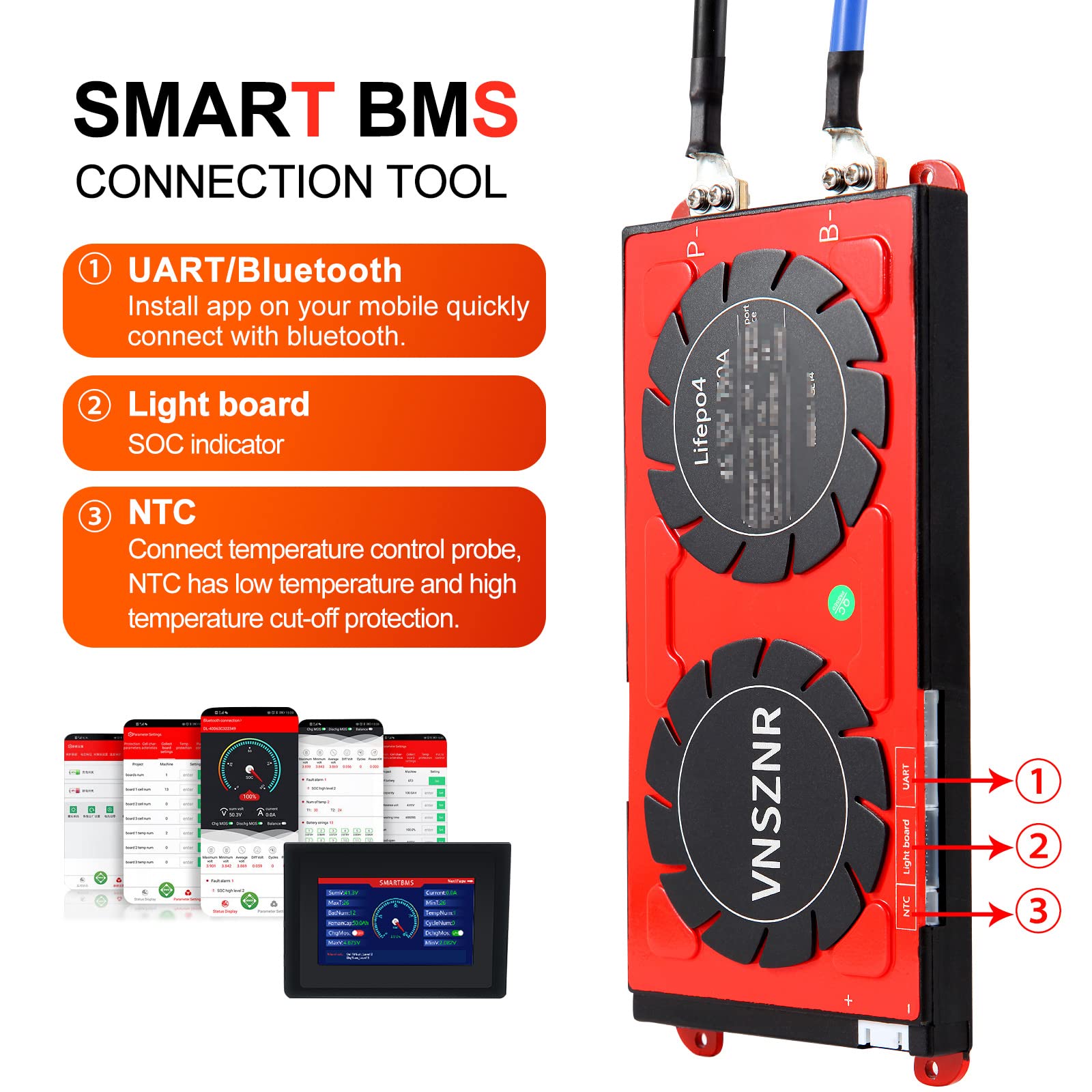 Vnsznr Lifepo4 Bms 48V 16S 120A Smart Pcb Battery Protection Board Battery Management System With Balance Leads Wires And Wirele