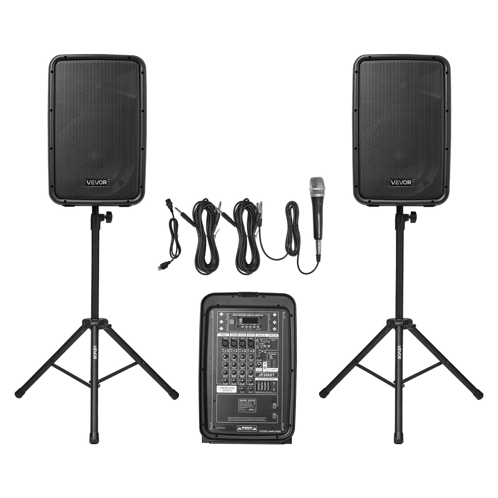 VEVOR Portable PA System with Microphone, 300W Powered, Sound System with 8 Channel Mixer, Dual 8 Speakers, Wireless Bluetooth