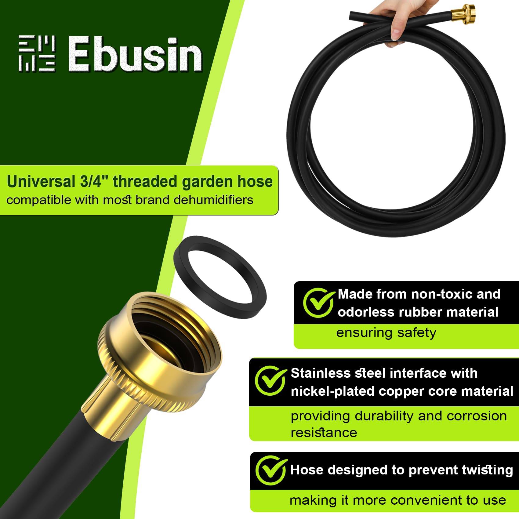 6Ft Dehumidifier Drain Hose With 3/4 Inch Fht Connector, Featuring Rust Resistant Brass Fittings For Leak Proof Connection, Perf