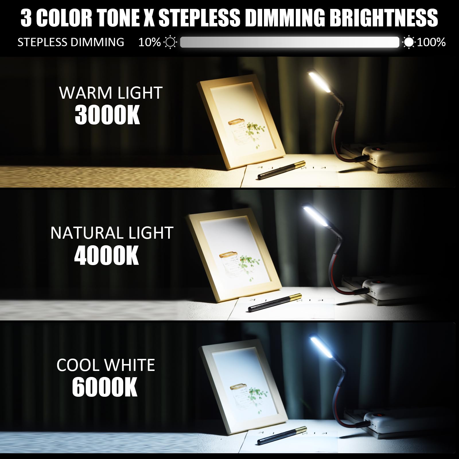 Glovion USB LED Reading Lamp Gesture Sensing Flexible Gooseneck 3 Color Temp Stepless Dimming Black