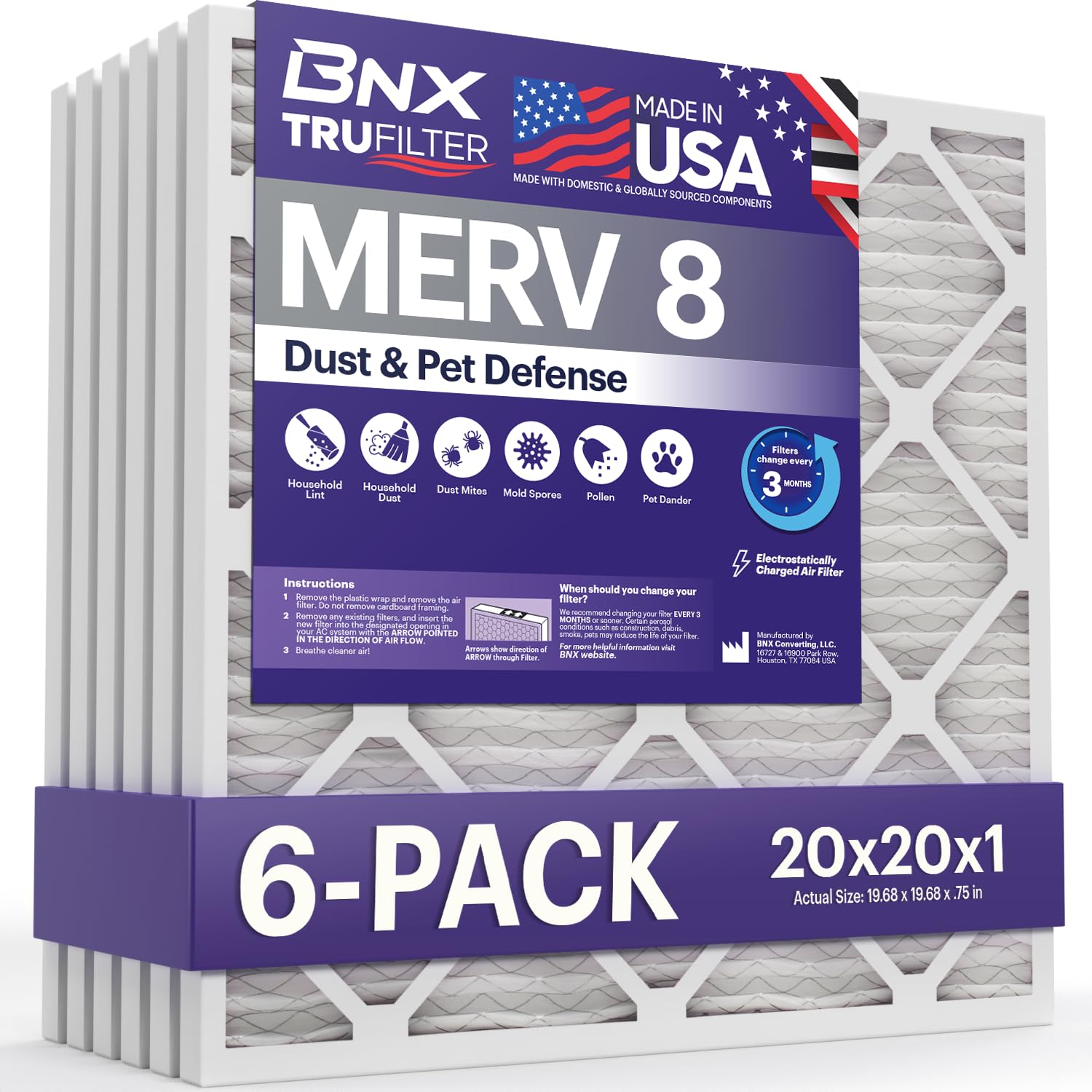 BNX TruFilter 20x20x1 Air Filter MERV 8 (6-Pack) - MADE IN USA - Dust & Pet Defense Electrostatic Pleated Air Conditioner HVAC A