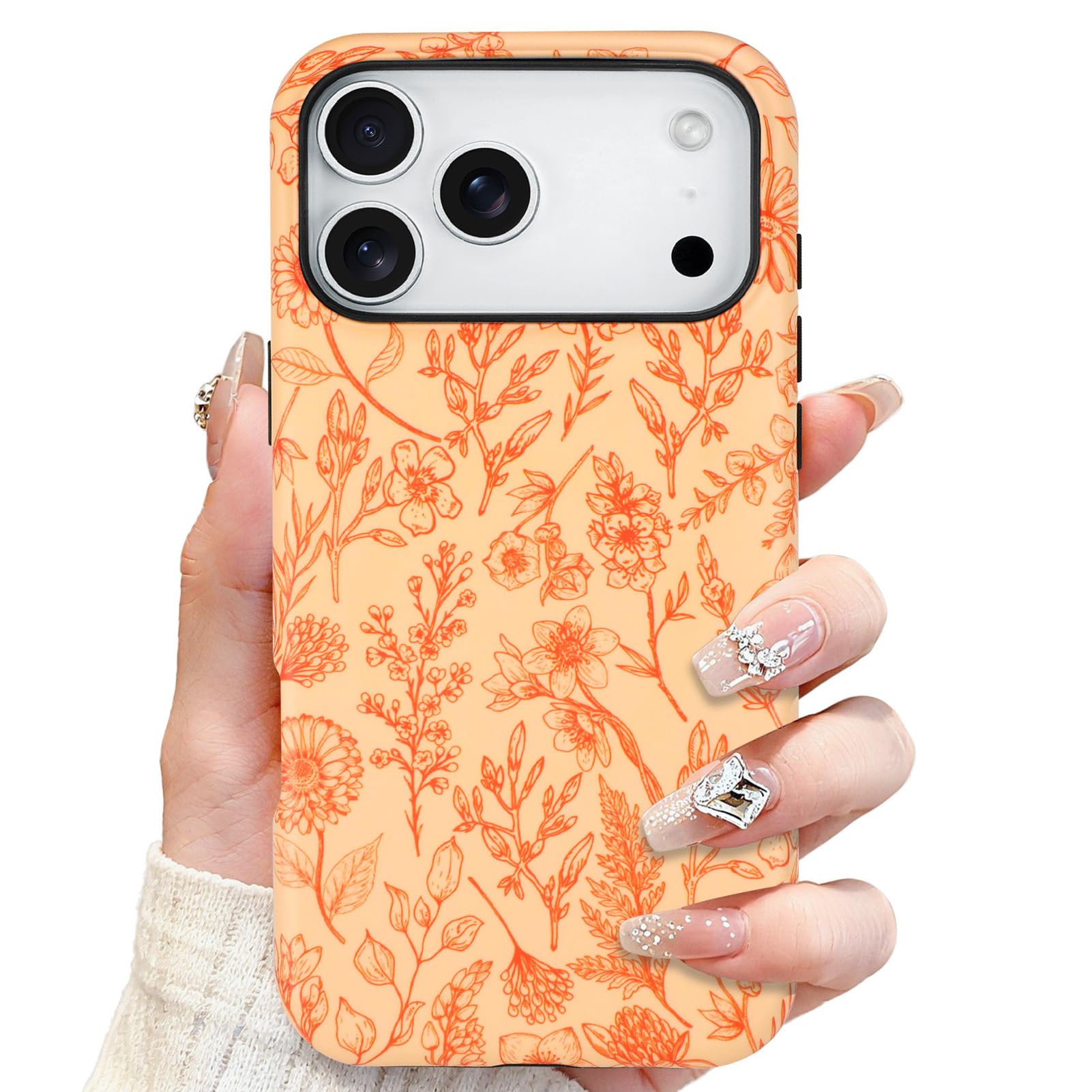 SOKAD Magnetic Sage Floral Phone Case for iPhone 17 Pro Max, Vintage Orange Flower Pattern Compatible with Magsafe Matte Protect
