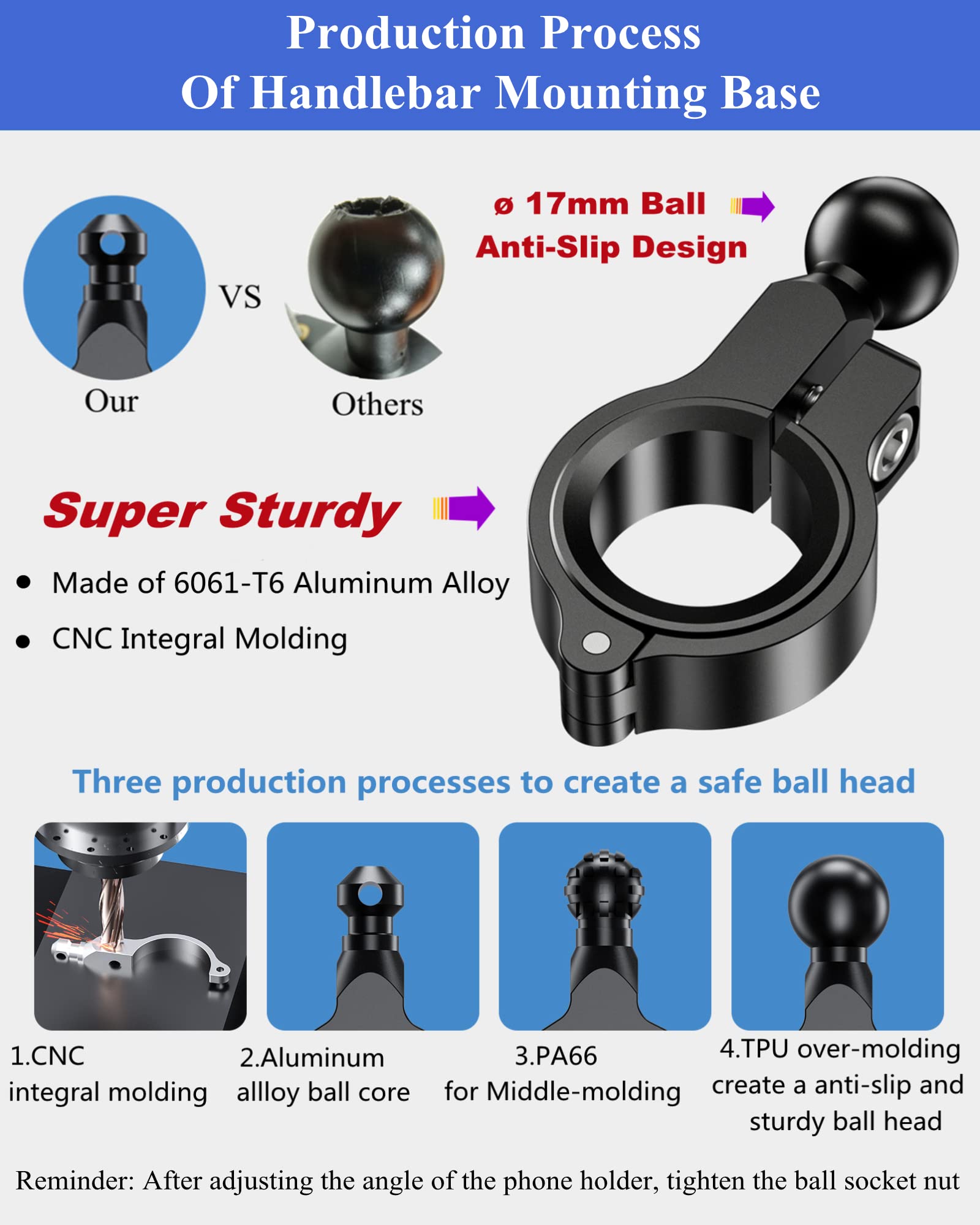 Brcovan Motorcycle Bike Phone Mount With Solid Aluminum Alloy Mounting Base, [1S Lock] Handlebar Cell Phone Holder For Bicycle A