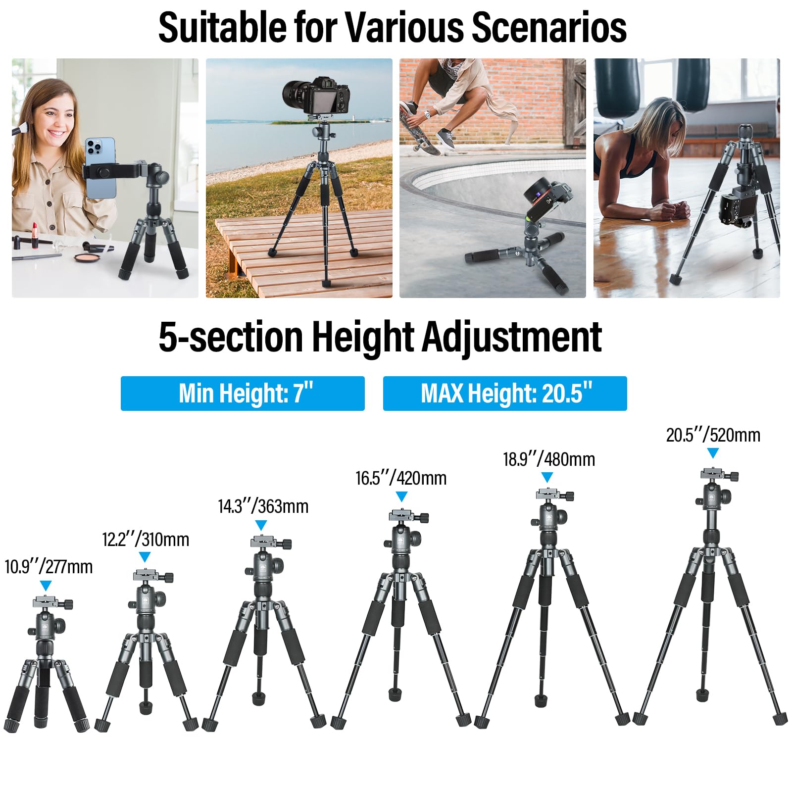 Sirui Compact Mini Desktop Tripod, 20' Aluminum Portable Small Tabletop Tripod Stand With 360� Ball Head For Dslr, Camera, Phone, Loaded Up To 22Lbs, Phone Holder Included, Am Tt50