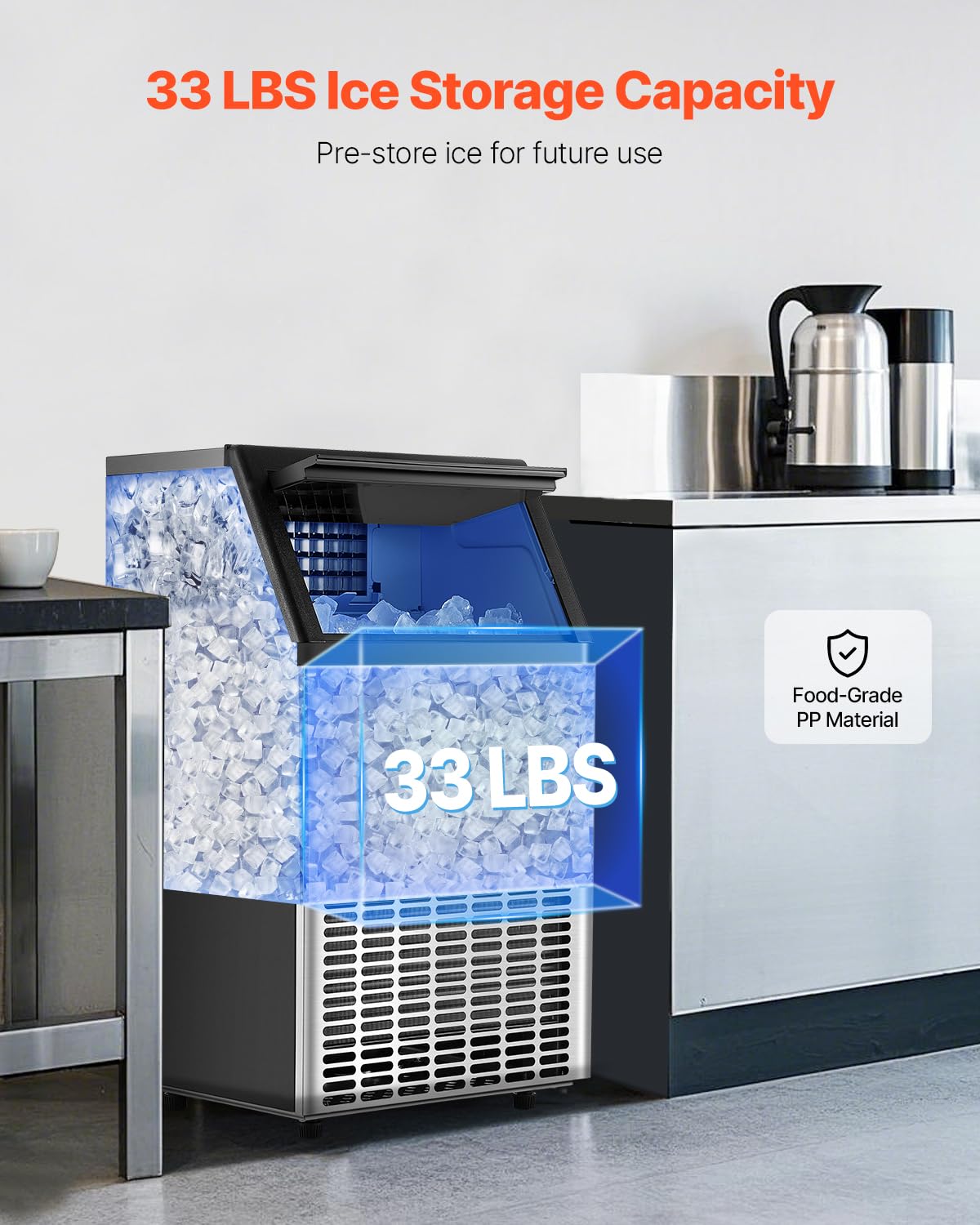 Vevor 100Lbs/24H Commercial Ice Maker Machine With Drain Pump, 33Lbs Storage Capacity Ice Maker, 45 Ice Cubes In 15 Minutes, Led