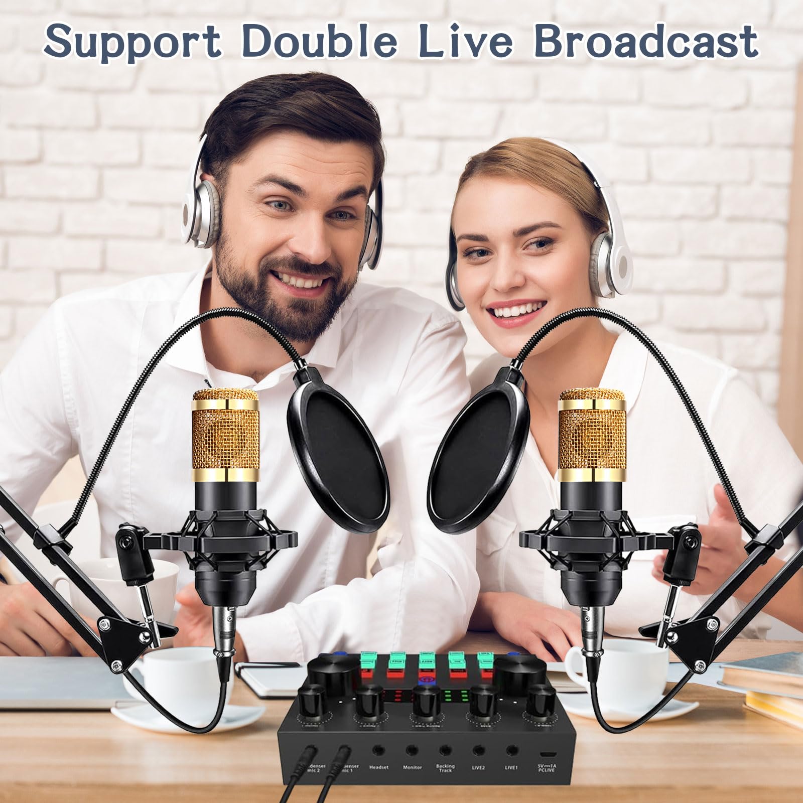 Alpowl Podcast Equipment Bundle For 2, Audio Interface With Cardioid Designer Bm800 Mic For Gamer And All In One Dj Mixer, Perfe