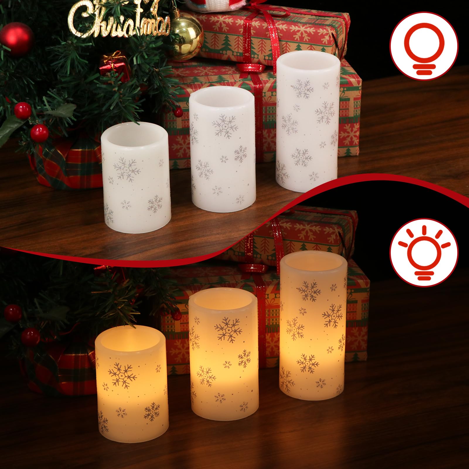 Dromance Silver Snowflake Flameless Flickering Candles Battery Operated With 6H Timer, 3 Pack Real Wax Warm Light Led Pillar Can