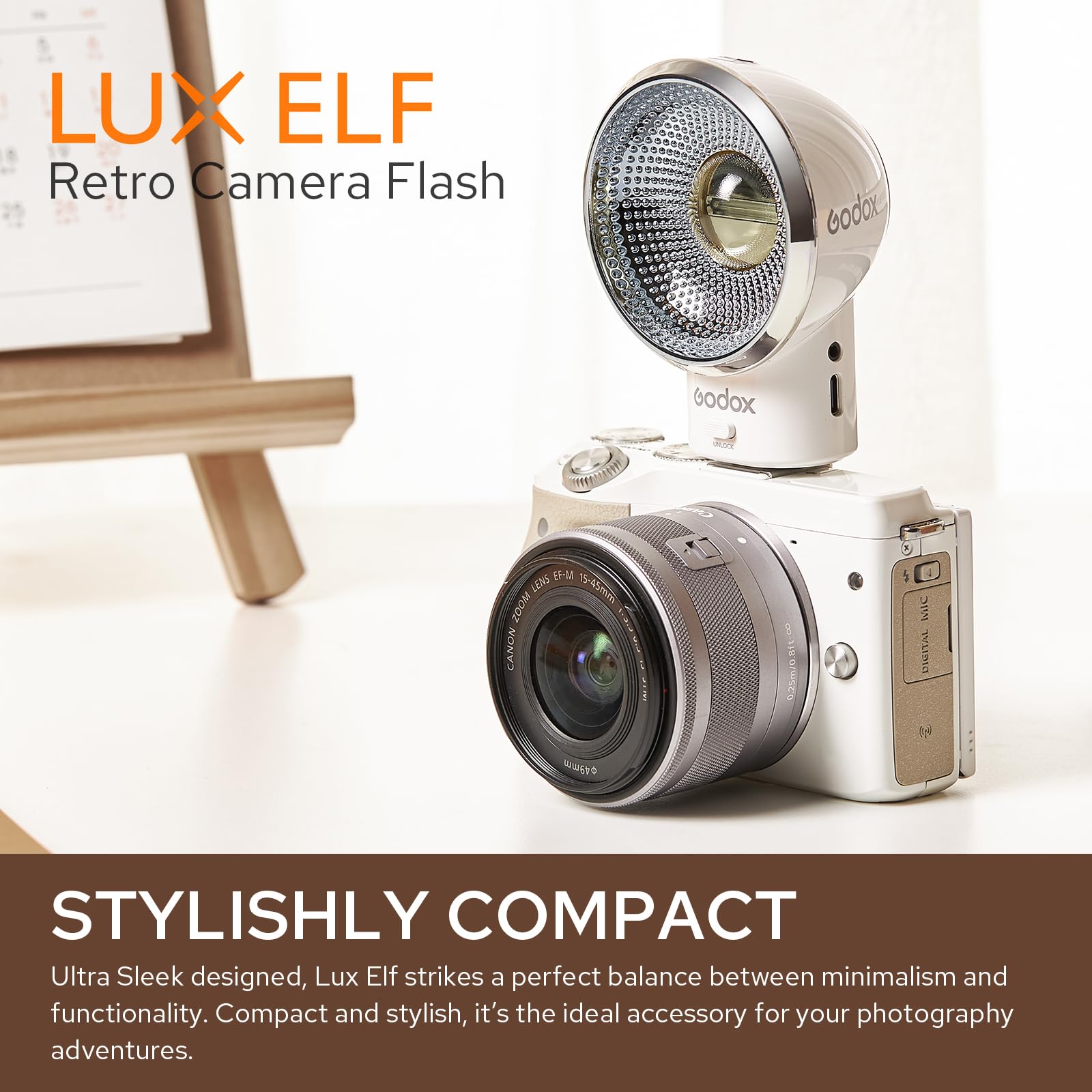 Godox Lux Elf Retro Camera Flash, Built-In Battery Gn6 With 5 Levels Flash Power, 6200K300K With S1/S2 Optical Control, On Camer