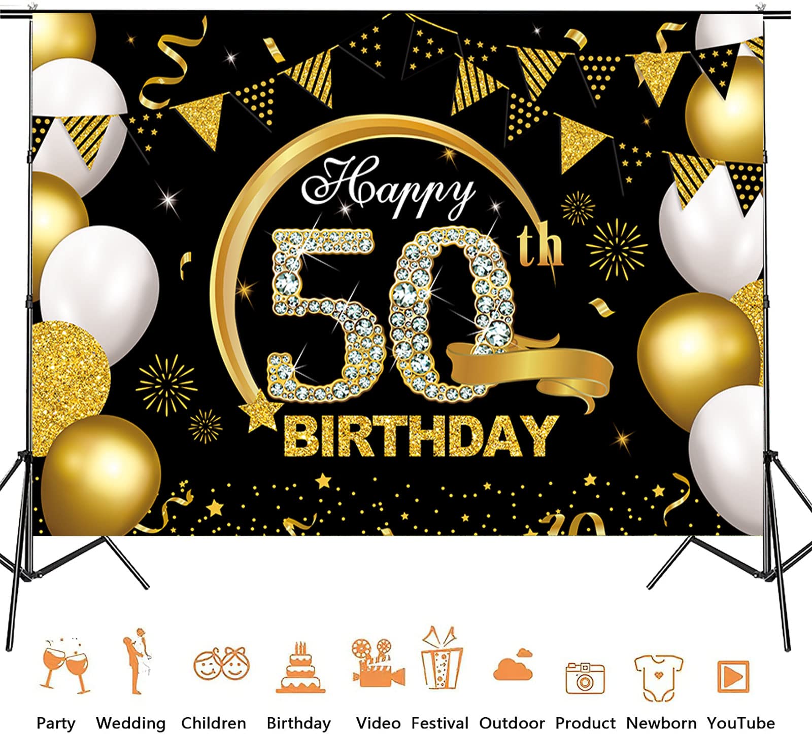 7X5Ft Happy 50Th Birthday Banner Backdrop Black And Gold 50Th Birthday Decorations For Men Women 50 Birthday Sign Party Supplies