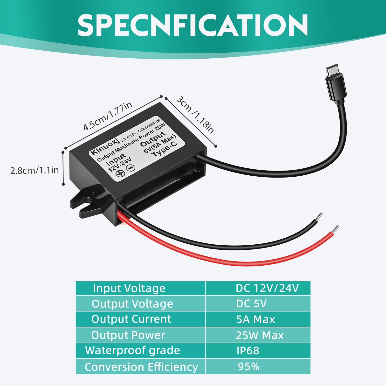 Klnuoxj Dc 12V/24V To 5V Usb C Step Down Converter Type C Interface 5A 25W Waterproof Buck Module Power Adapter Compatible With