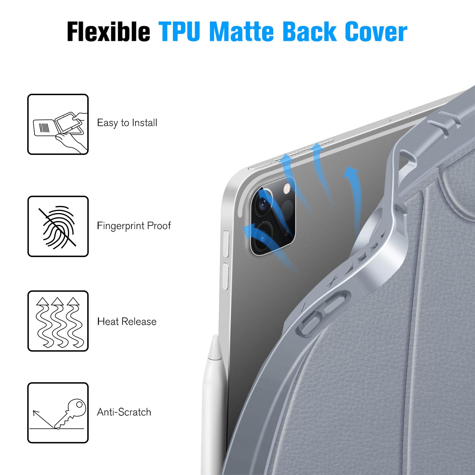 Casebot Magnetic Case For Ipad Pro 12.9 Inch 6Th Generation 2022, Multiple Angle Shockproof Rugged Stand Case, Soft Tpu Back Cover W/Pencil Holder, Also Fit Ipad Pro 12.9' 5Th/4Th/3Rd Gen, Cloudy Blue