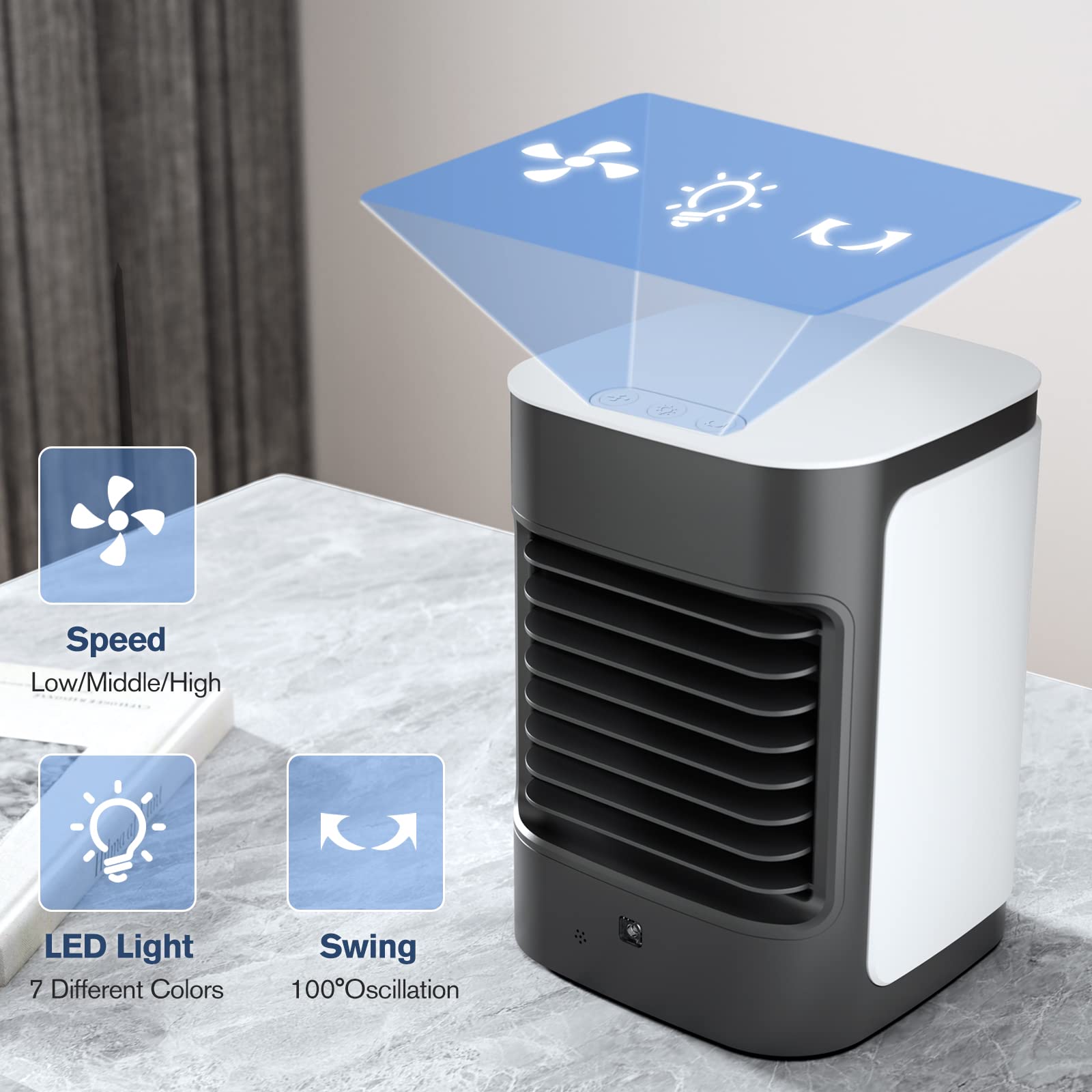 Lavpit Evaporative Portable Air Cooler, 100 Oscillating Mini Air Conditioner, 3 Speeds, 7 Color Led Lights, Usb Powered, Persona