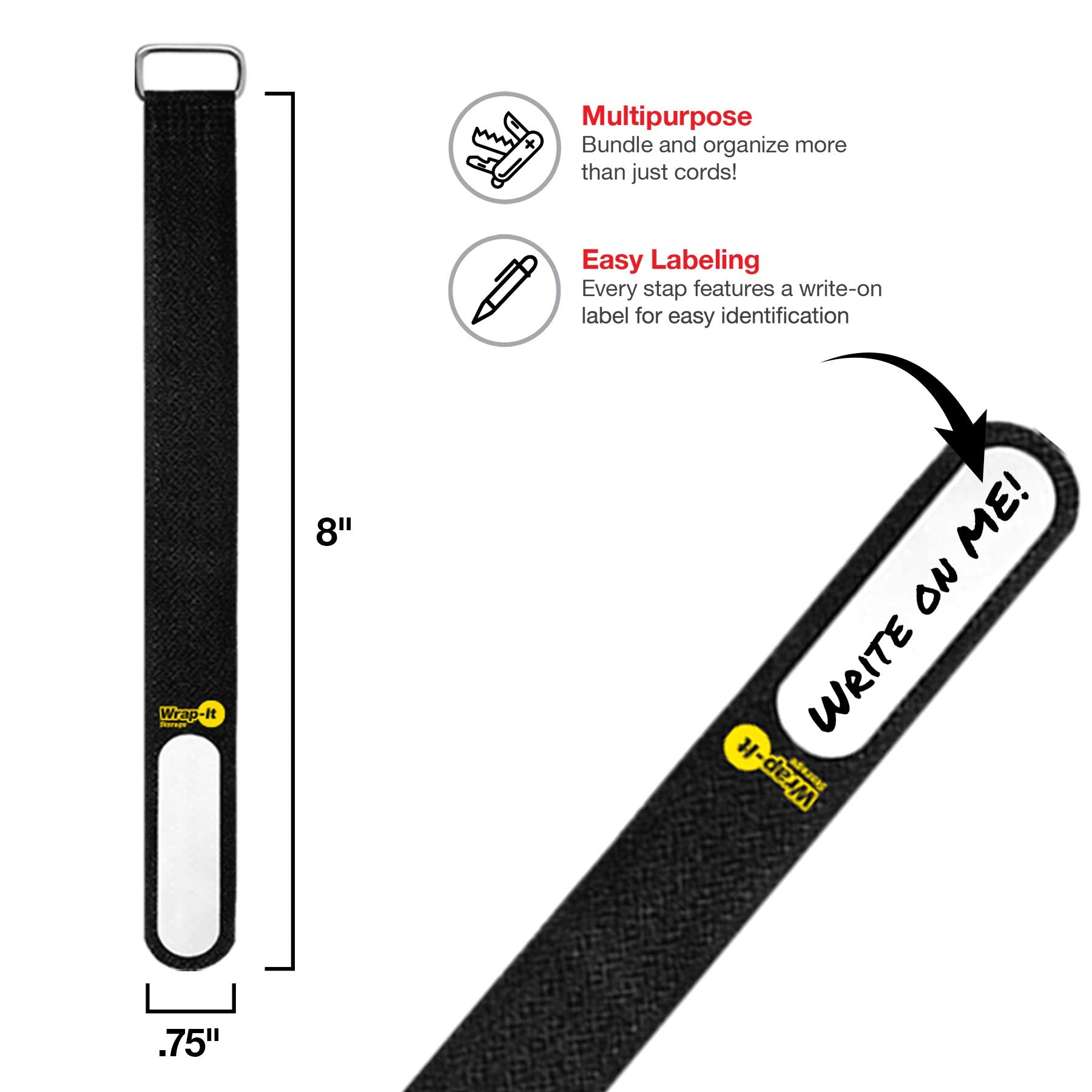 Wrap It Storage Cinch Straps, 8 In (18 Pack) Black   Hook And Loop Strap With Write On Label For Easy Cord Identification And Ca