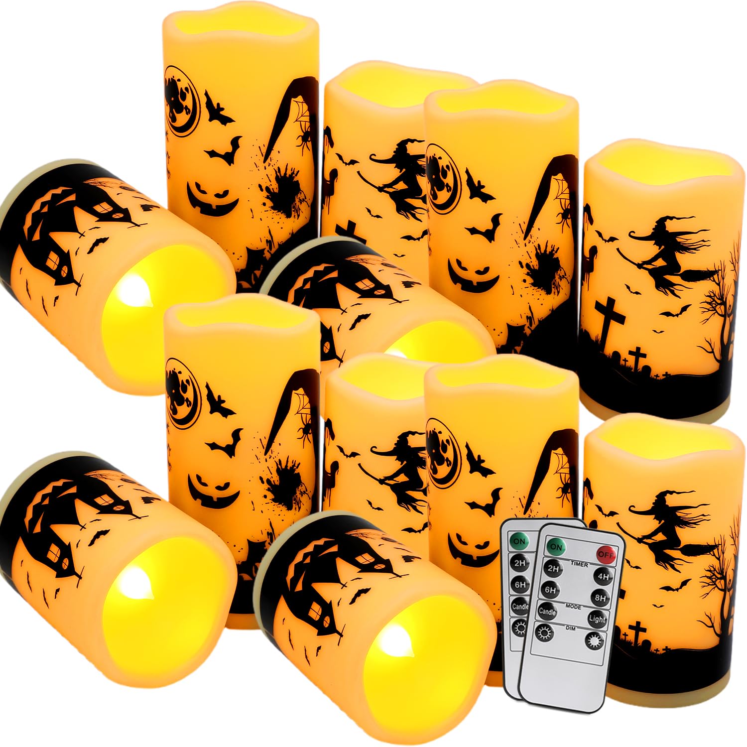 Caketycg 12-Pack Halloween Ink Painting Large Electronic Waxes With Remote Control, Flameless Led Candles For Halloween Spooky,
