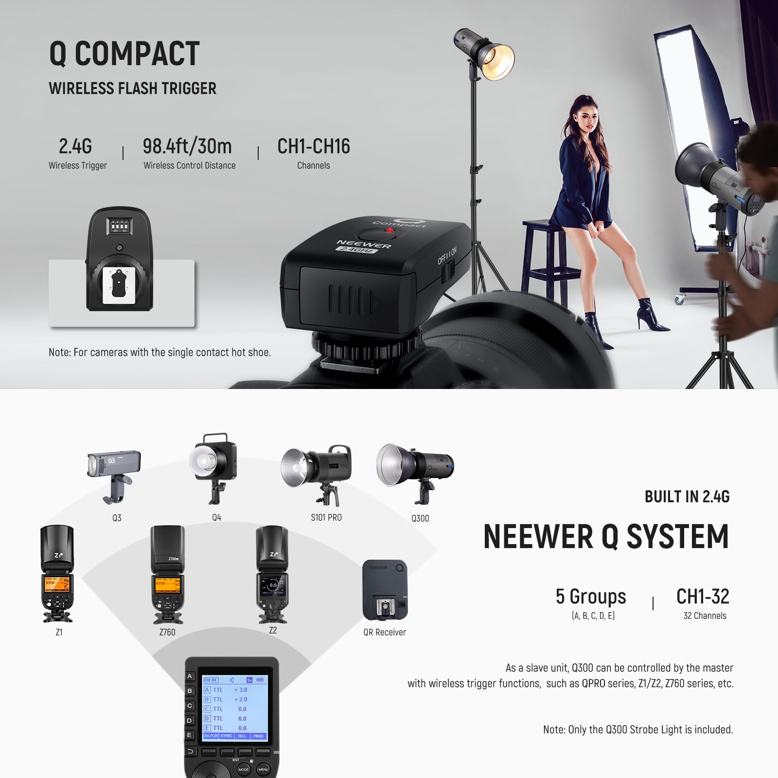 Neewer Q300 300Ws 2.4G Outdoor Studio Flash With Q Compact Wireless Trigger, 7800Mah Li Ion Battery Powered Strobe Light Photogr