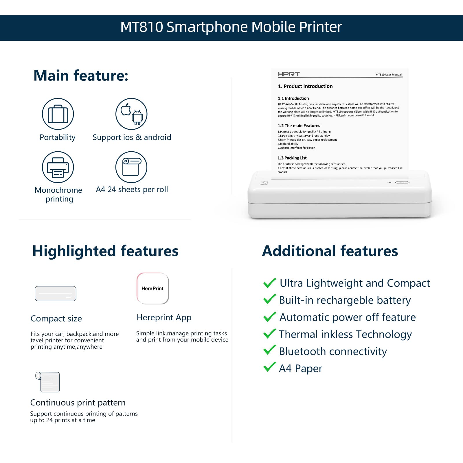 Hprt Wireless Portable Printer   Bluetooth Thermal Printer For Travel, Mobile Office, School, Home Compatible With Ios Android