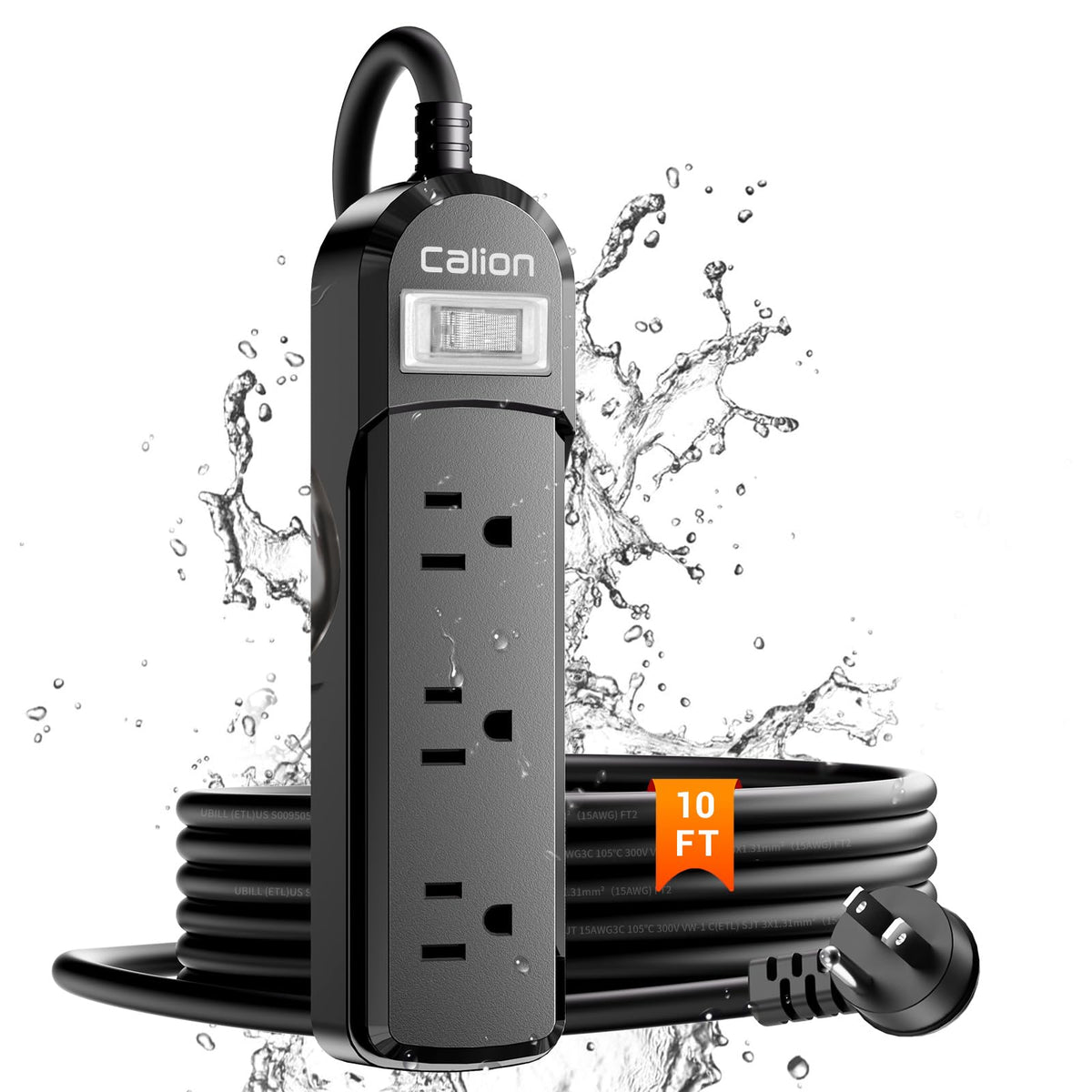 Calionltd Ipx6 Outdoor Power Strip Weatherproof,10 Ft Sjt 16Awg Extension Cord 3 Wide Outlets 1875W Overload Protection, Waterpr