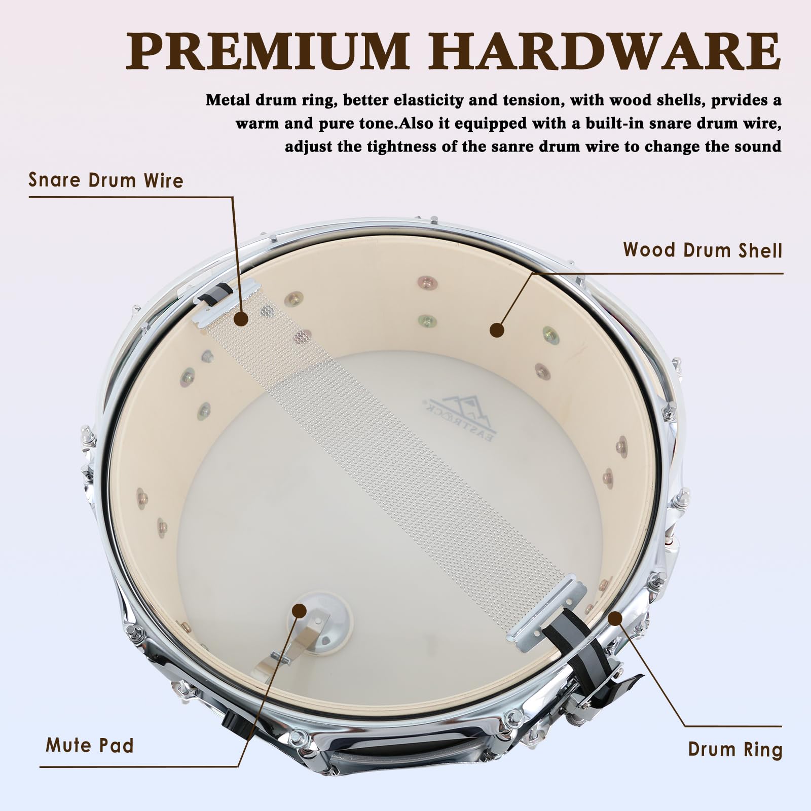 Eastrock Snare Drum 14X5.5 Inches For Student Beginners With Gig Bag, Drumsticks, Drum Keys, Coated Material Drum Head, Matte Fi