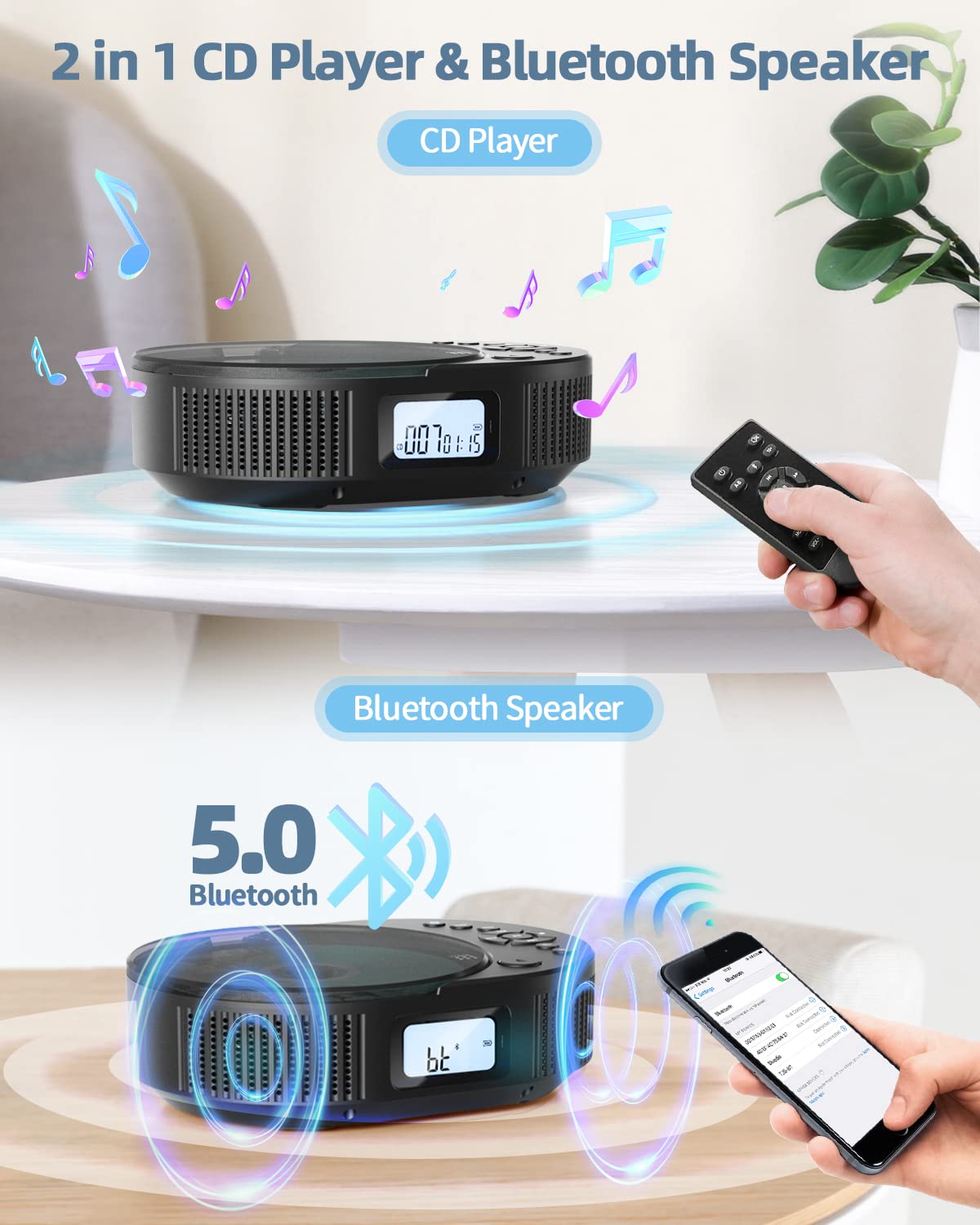 Cd Player Portable, Feleman Upgraded 2 In 1 Portable Cd Player & Bluetooth Speaker, Rechargeable Boombox Cd Player For Car/Home