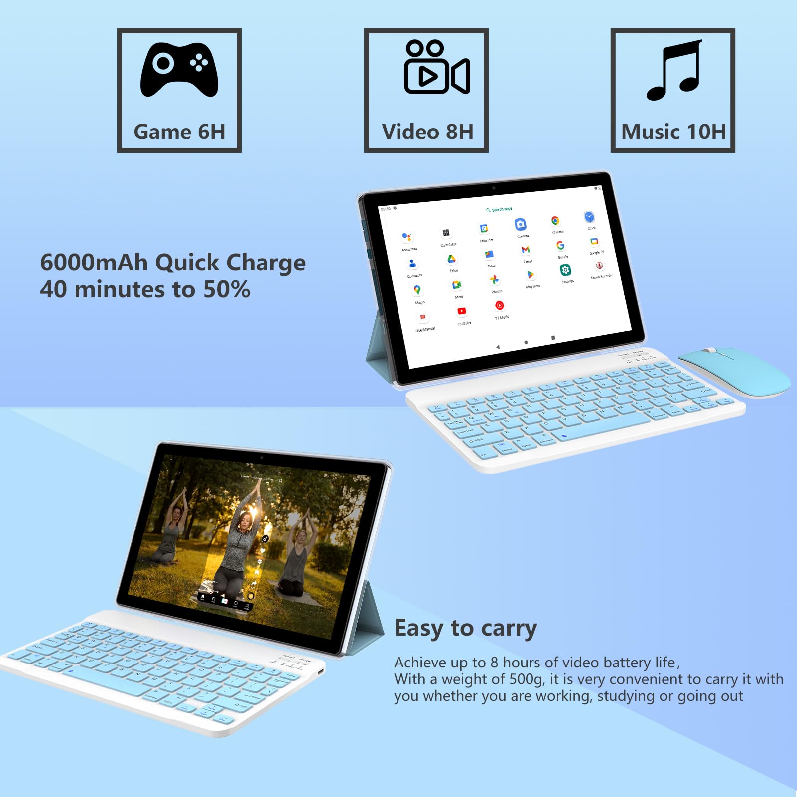 Ruiqiai Android 14 Tableta, 2 In 1 Tablet 10 Inch,Computer Tablet, With Keyboard Case, 8Gb+64Gb Rom/1Tb, Quad Core, Dual Carema,