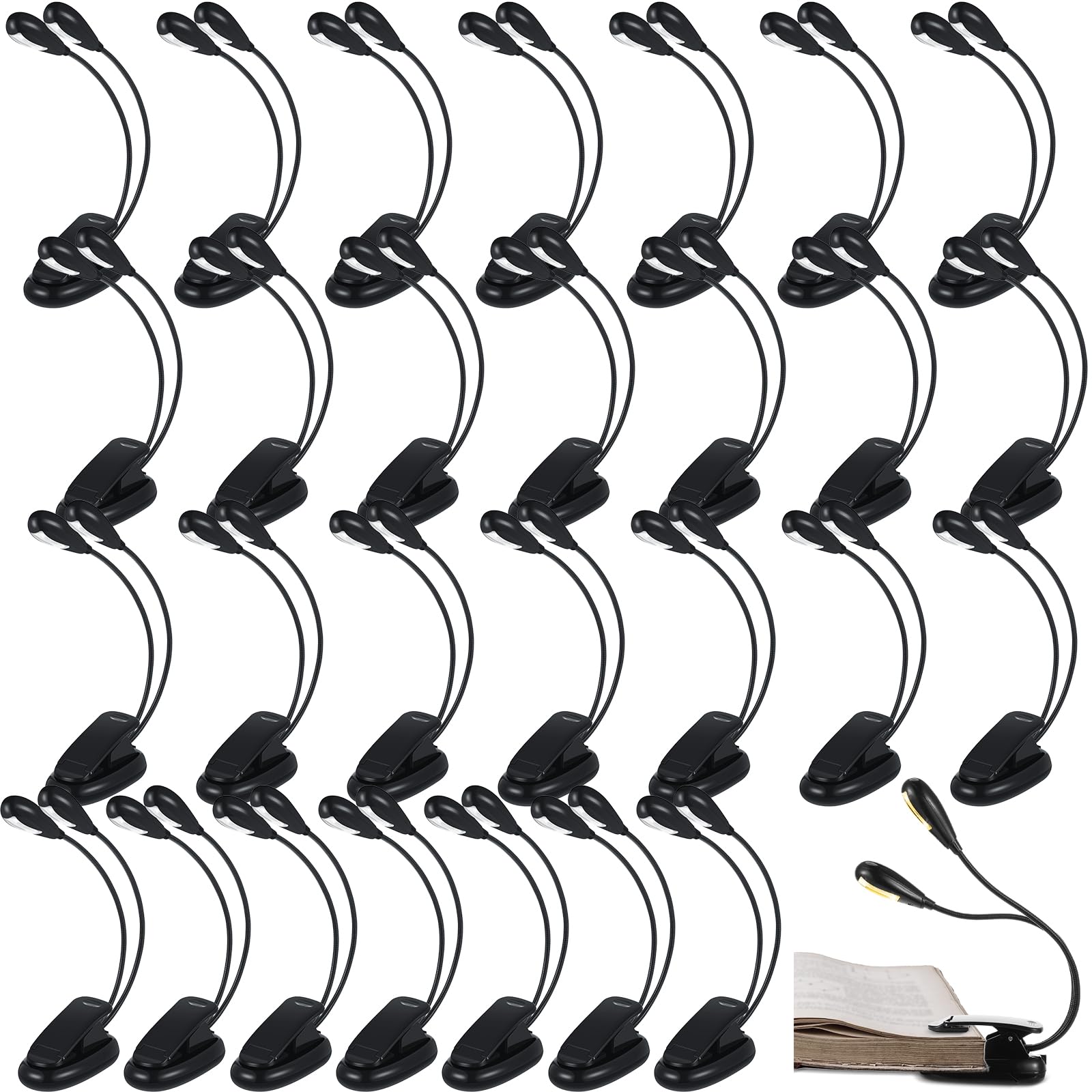 Rossesay 28 Pcs Music Stand Light Bulk Clip on LED Book Lights USB and AAA Battery Operated Brightness Dual Arm Clip Lamp Rechar