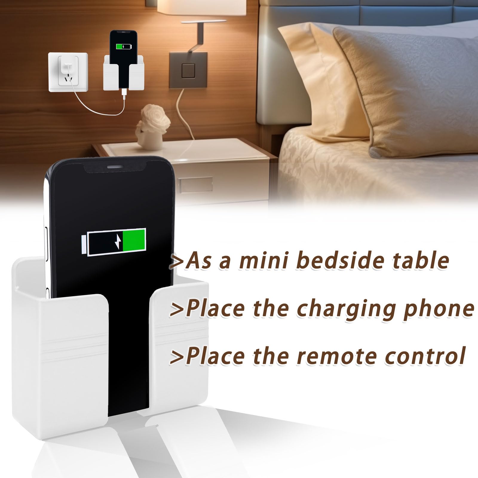 Grlitra 2 Pcs Wall Mount Phone Holder With 3M Adhesive Phone Stand With Data Cable Receiving Hole, Phone Charger Stand Remote Co