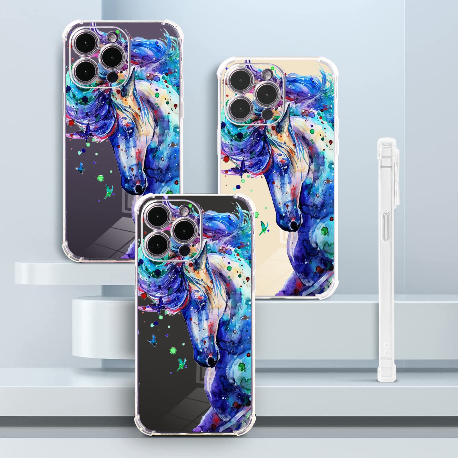 Roemary Purple Case For Iphone 14 With Blue Horse Design,Watercolor Pattern With Screen Protector [Buffertech 6.6 Ft Drop Impact