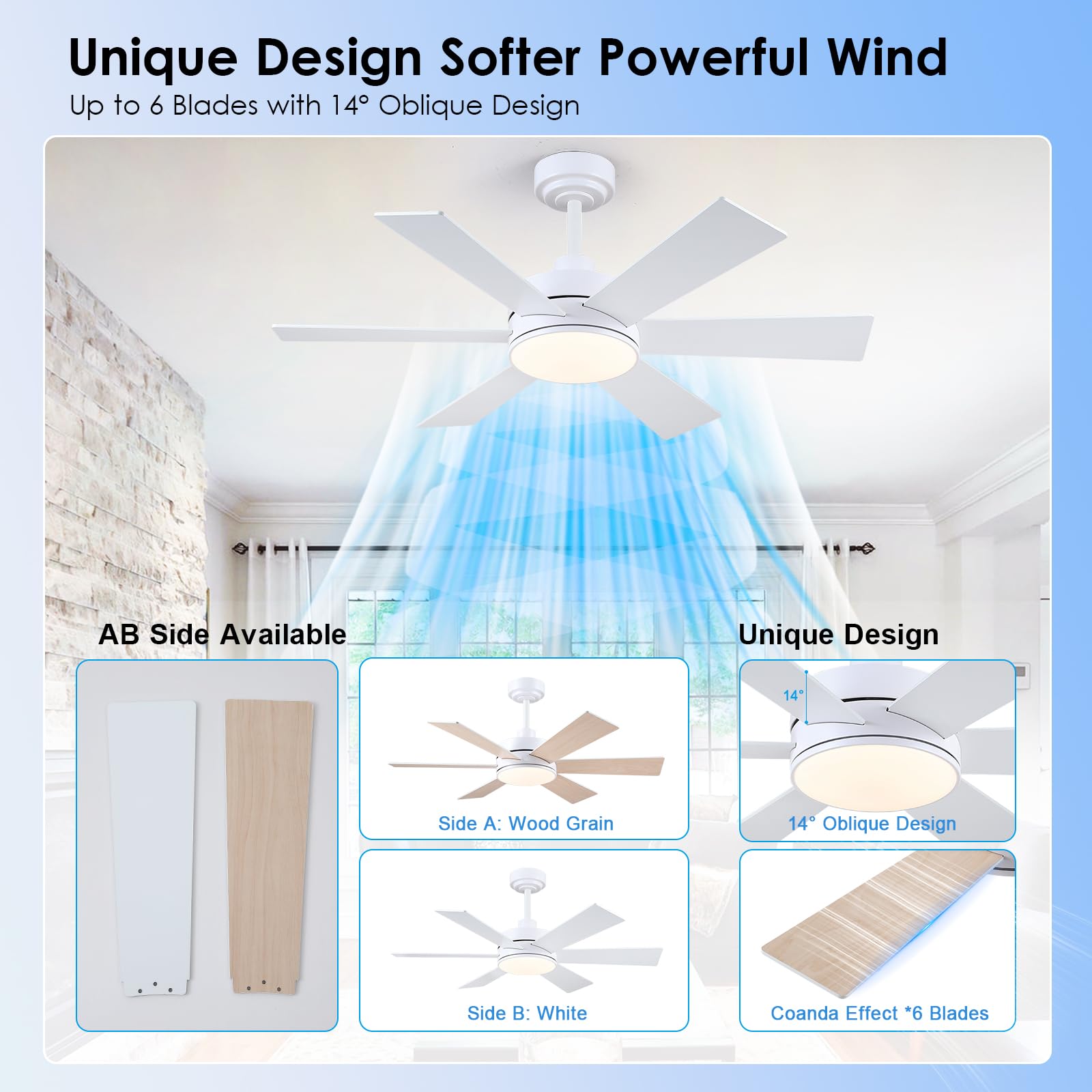 42 Inch Ceiling Fans With Lights, Ceiling Fan With Remote App, Dual Sided Modern/Rustic 6 Blades, Reversible, 3Cct, Sloped Flush