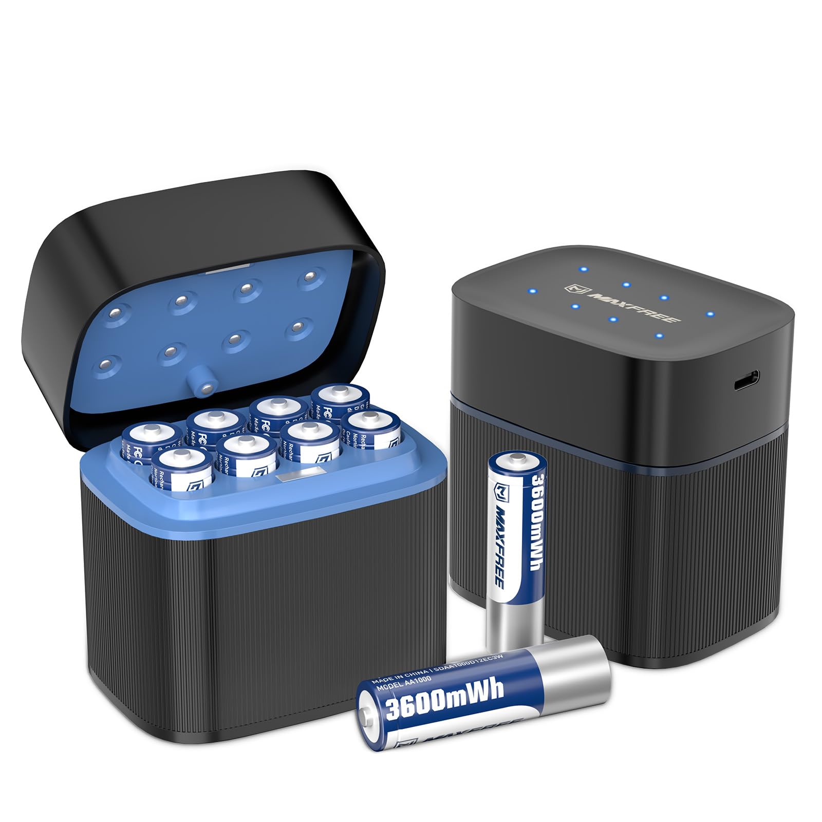 Maxfree Rechargeable AA Batteries Lithium with Charger, 8-Pack 1.5V 3600mWh Long Lasting Double A Batteries with LED Display, Cy