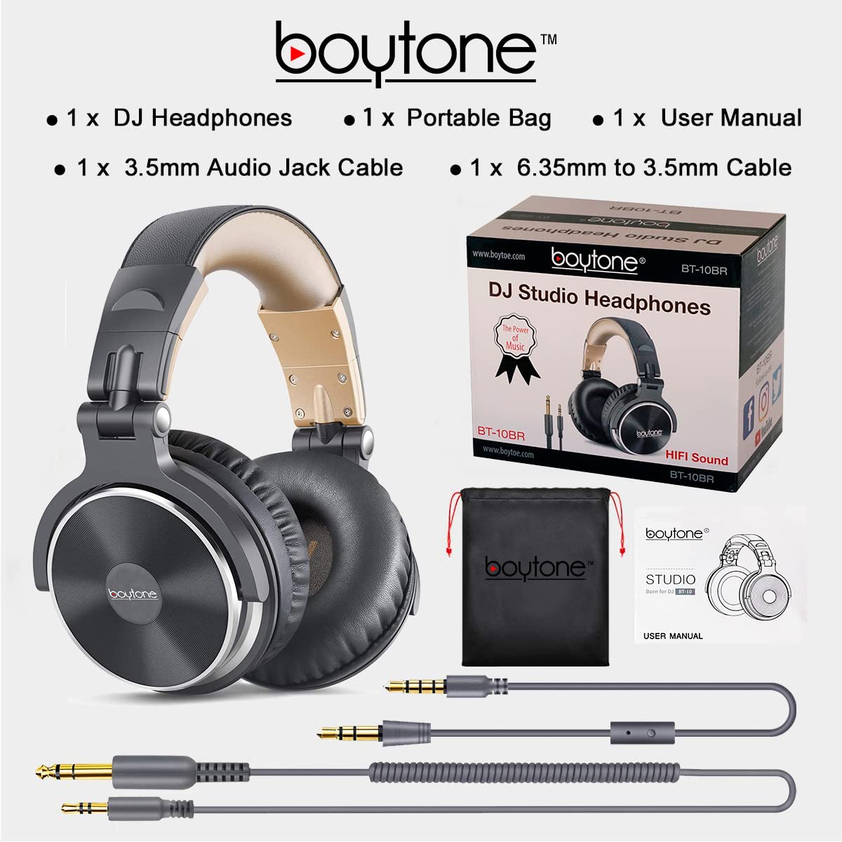 Boytone Bt 10Br Studio Recording Dj Headphones   Wired Over Ear Headphones, 50Mm Drivers,1/4 To 3.5Mm Audio Jack, For Audio Mixe