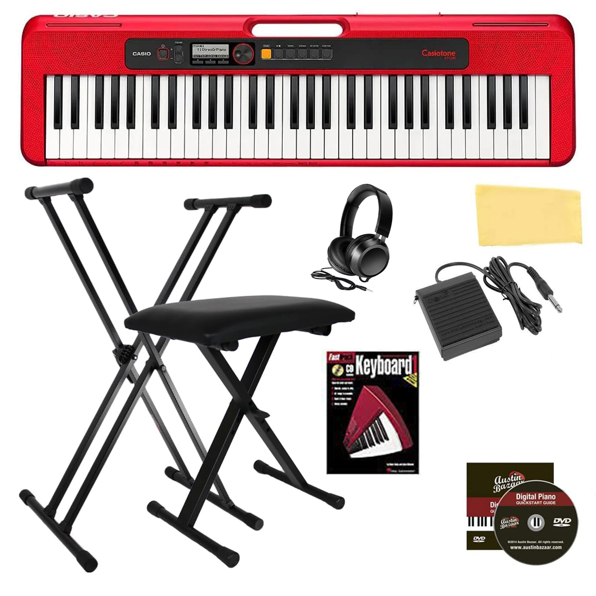 Casio Casiotone Ct S200 61 Key Portable Keyboard   Red Bundle With Adjustable Stand, Bench, Headphones, Sustain Pedal, Piano Boo