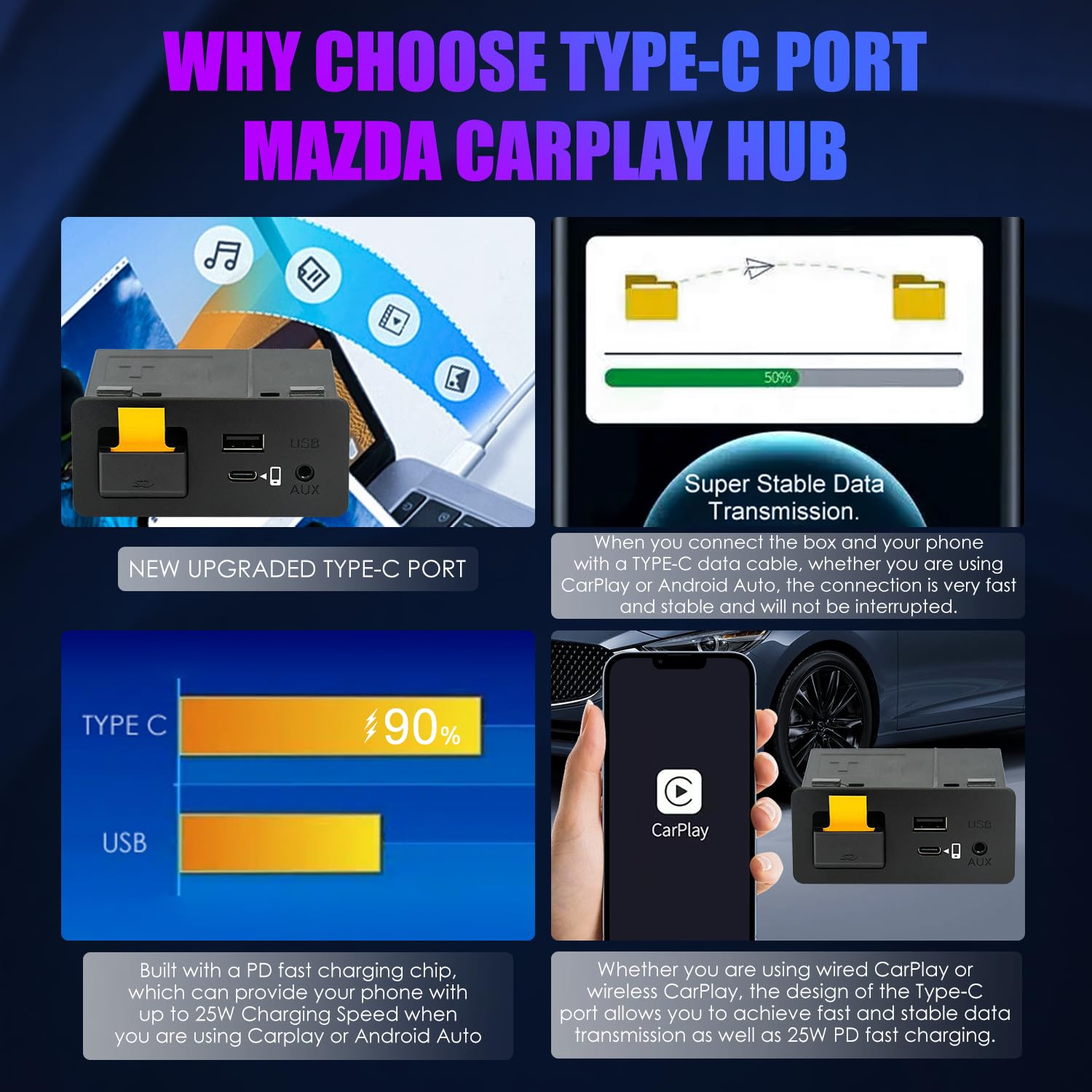 Type-C Mazda Apple Carplay & Android Auto Hub Oem Usb Retrofit Kit For Mazda 2/3/6/Cx3 Cx5/Cx8/Cx9/Mx5/Miata 2014-2019 With Mzd