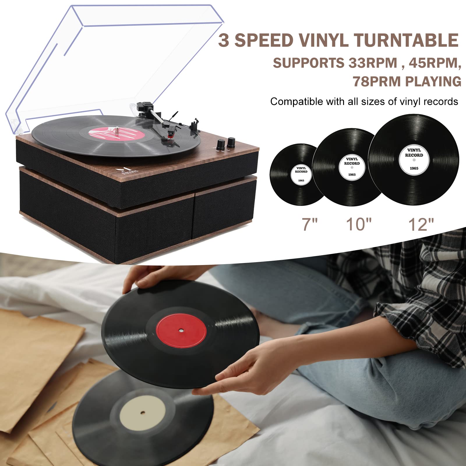 Mpk Bluetooth Record Player,Turntable Hifi System With Bookshelf Speakers, 3 Speed Belt Drive Vinyl Turntable For Vinyl Records