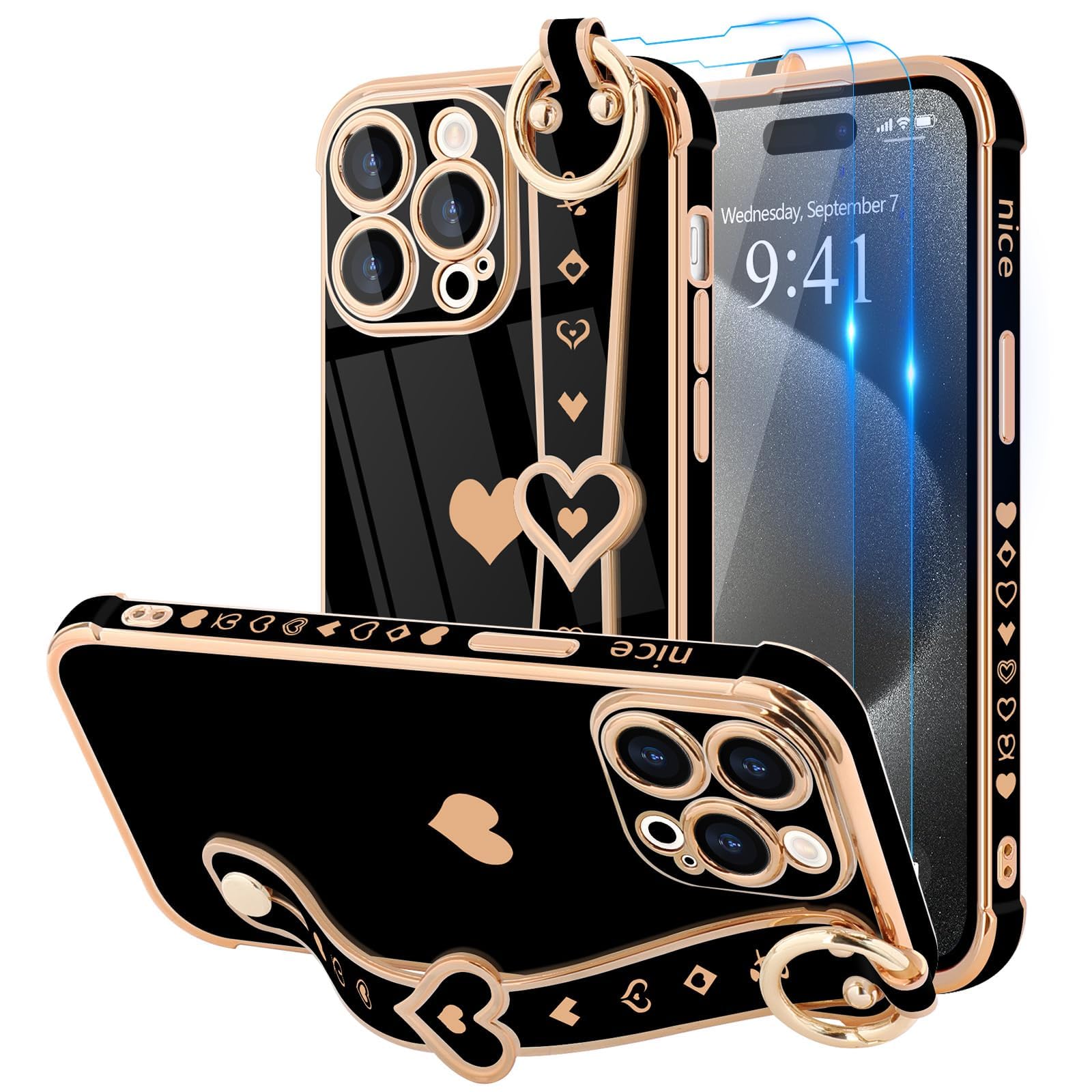 Llz.Coque For Iphone 15 Pro Max Case With Strap For Women Girls [2   Screen Protectors], Cute Love Hearts Design, Wristband Kick