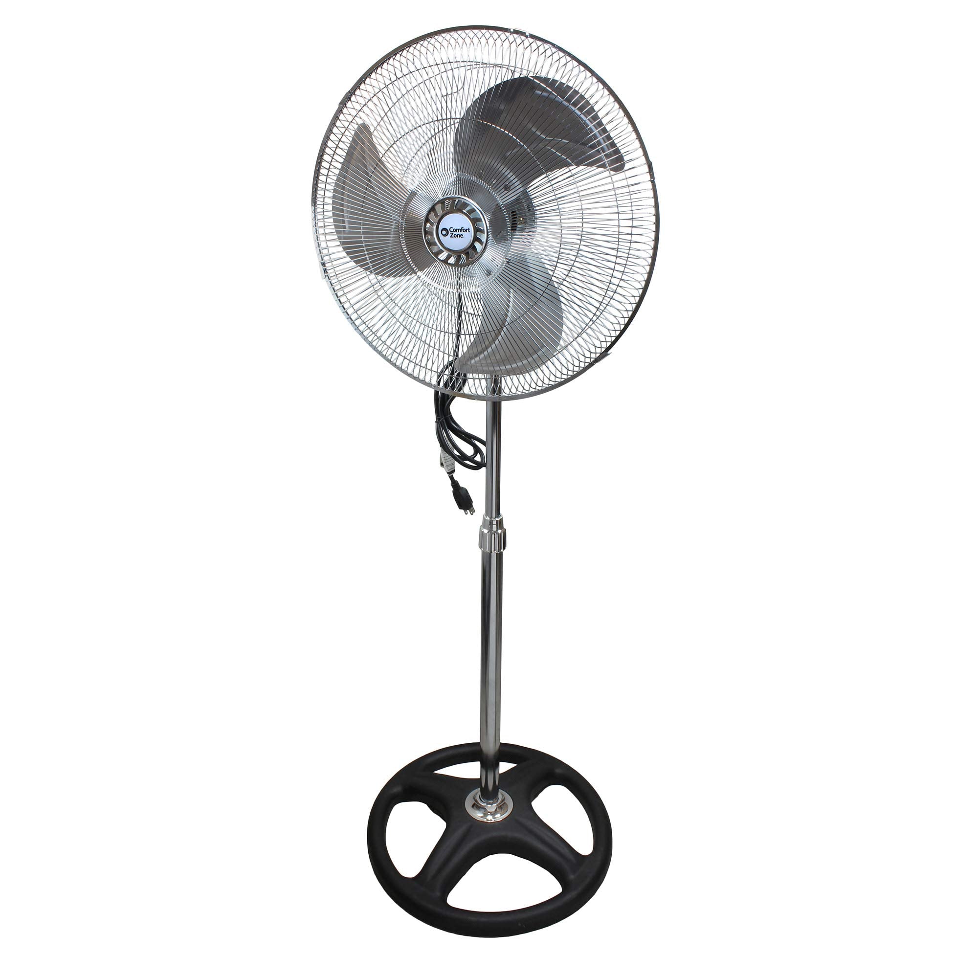 Comfort Zone 18 3Speed Highvelocity Oscillating Industrial Pedestal Fan, Allmetal Construction, Adjustable Tilt And Height