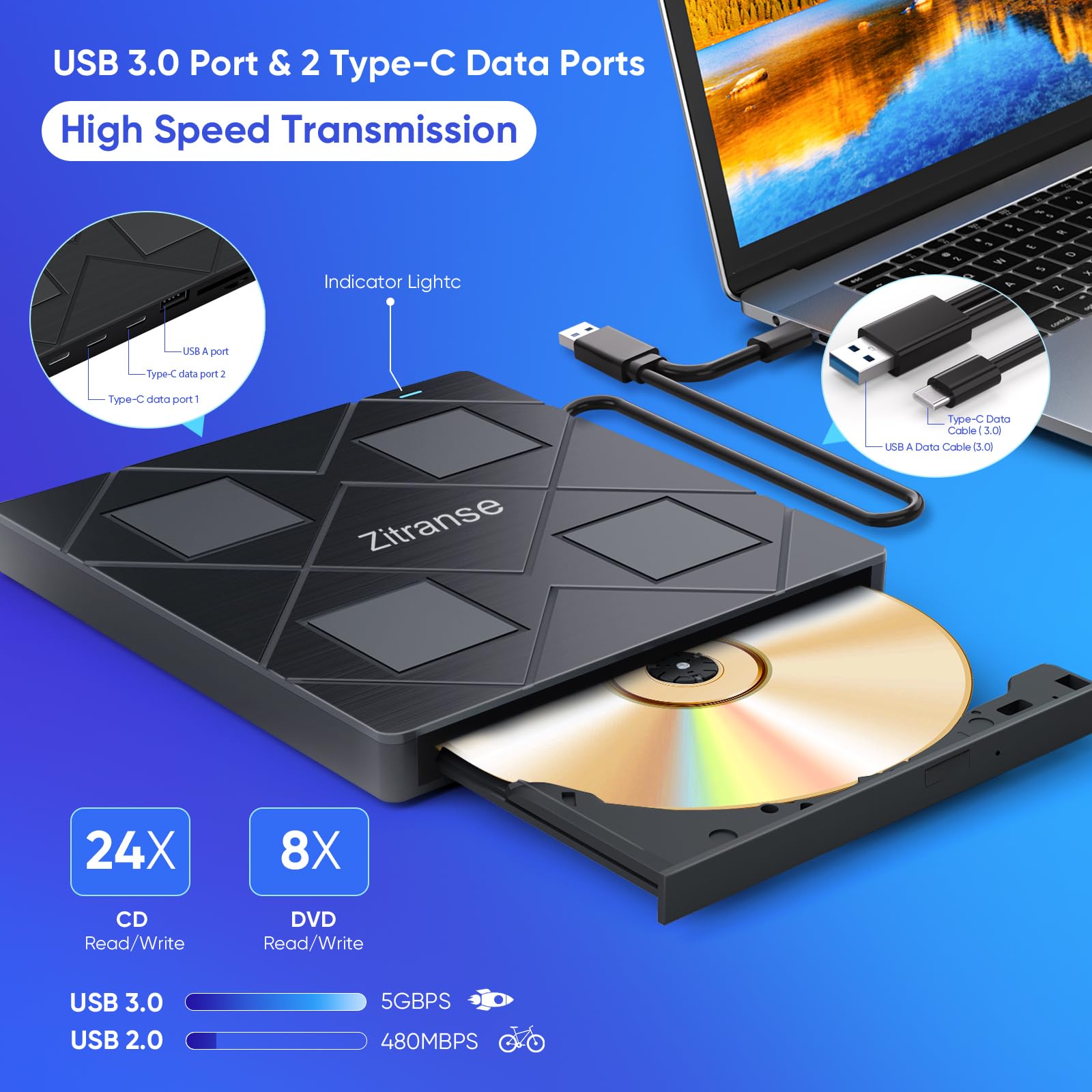 Zitranse 8-in-1 External CD/DVD Drive USB 3.0 Type-C BT681 Portable Plastic Black Ultra Slim