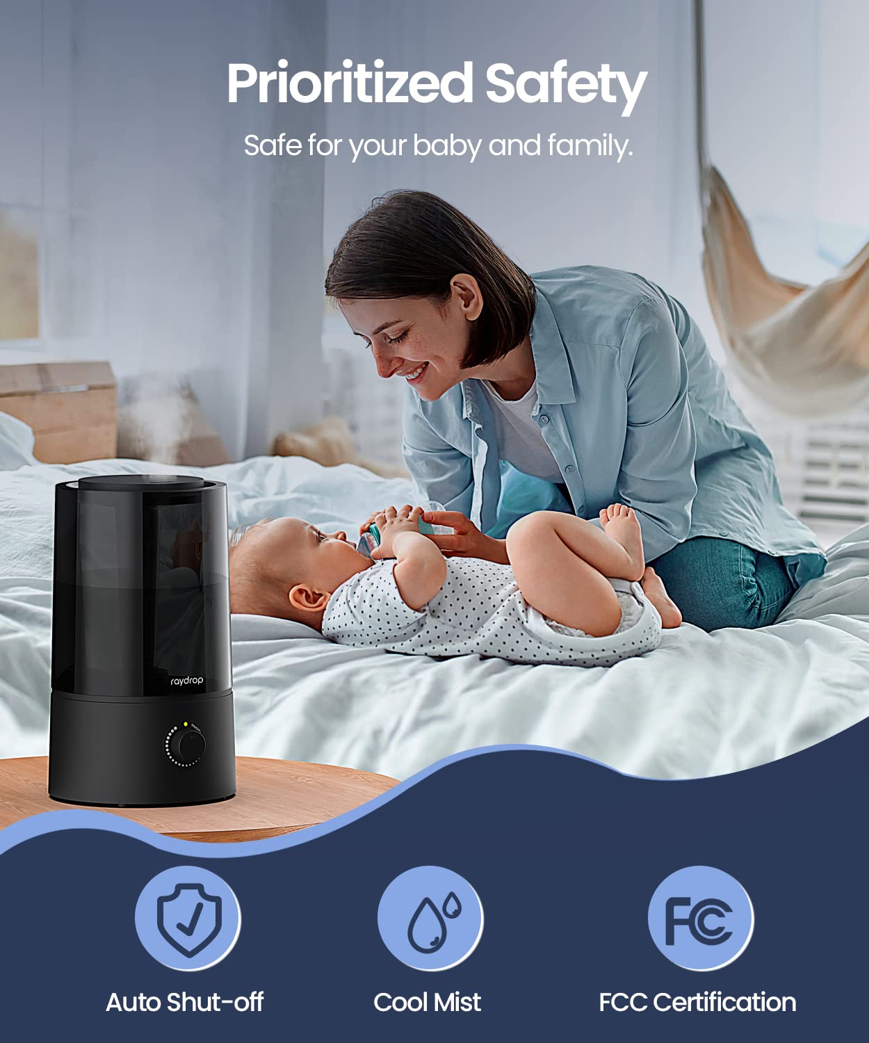 Raydrop Humidifiers For Bedroom, Humidifiers For Home & Large Room, Cool Mist Humidfiers For Baby And Plant, Adjustable Mist Lev