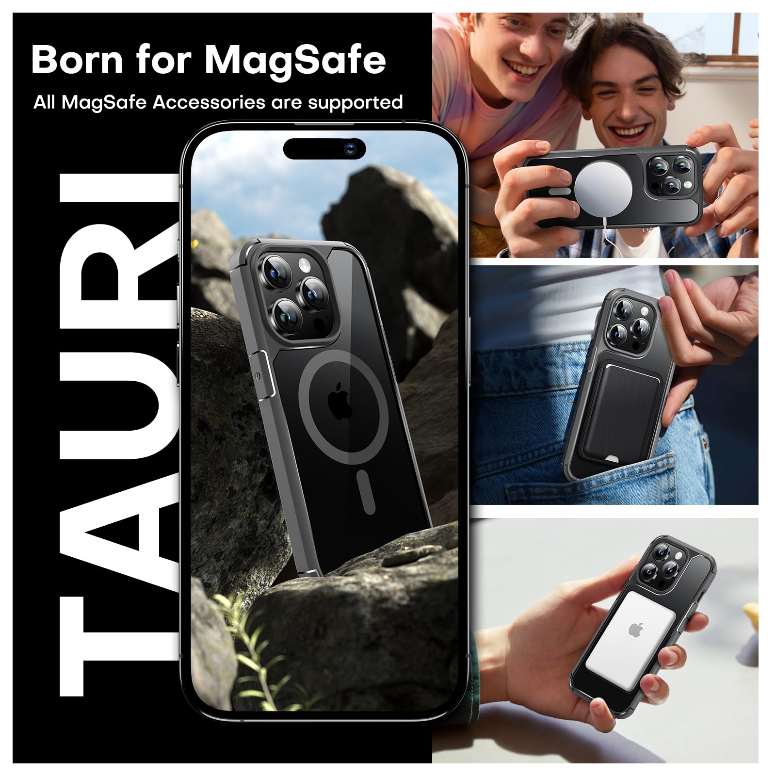 Tauri 5 In 1 Magnetic For Iphone 15 Pro Case, [Designed For Magsafe] With 2X Screen Protector + 2X Camera Lens Protector, [Milit