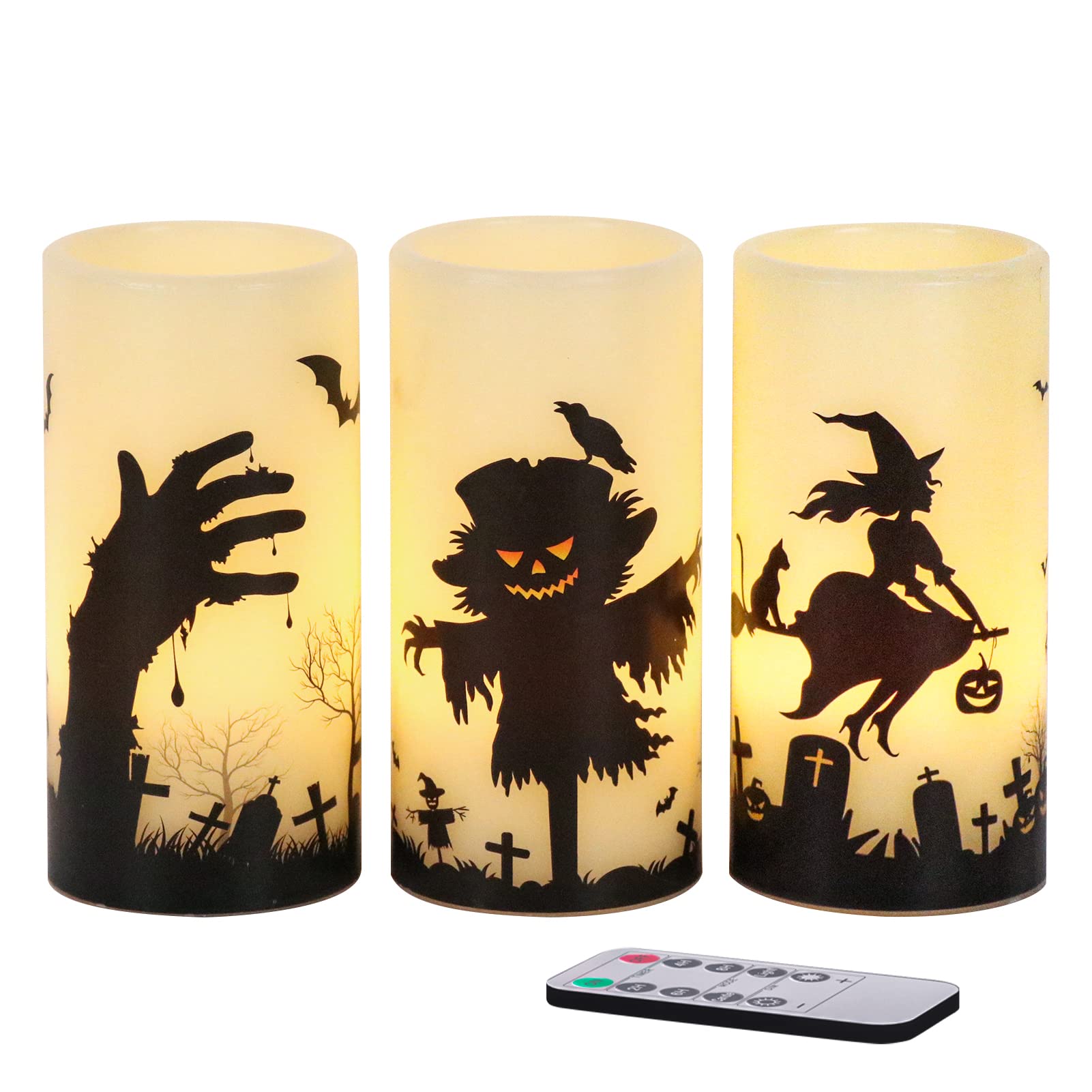 Wondise Halloween Flickering Flameless Candles With Remote, Battery Operated Led Real Wax Pillar Candles Set Of 3, Halloween Gif