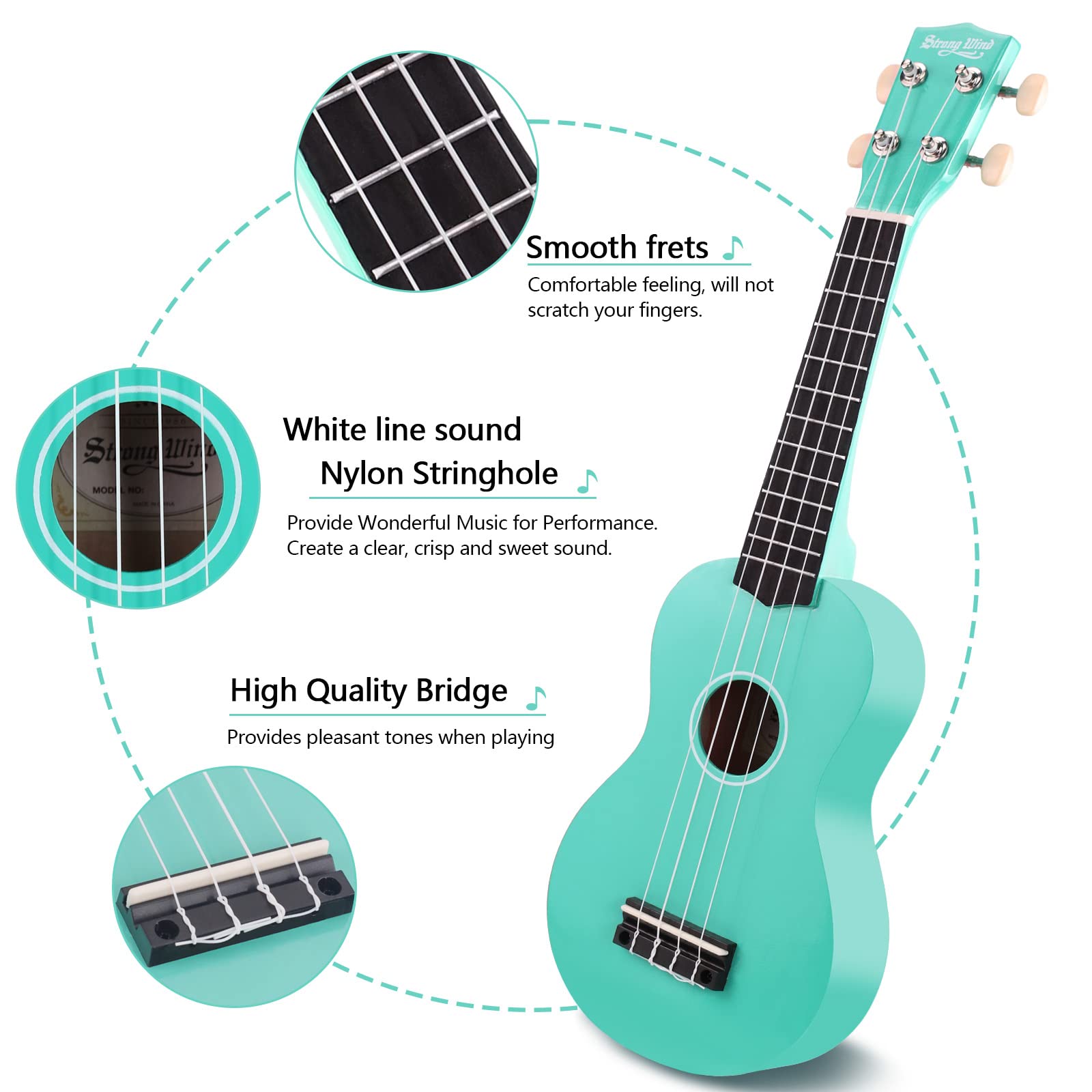 Strong Wind 21 Inch Soprano Ukulele for Beginners, Light Blue, Model SWUK21-30, Basswood, Includes Gig Bag
