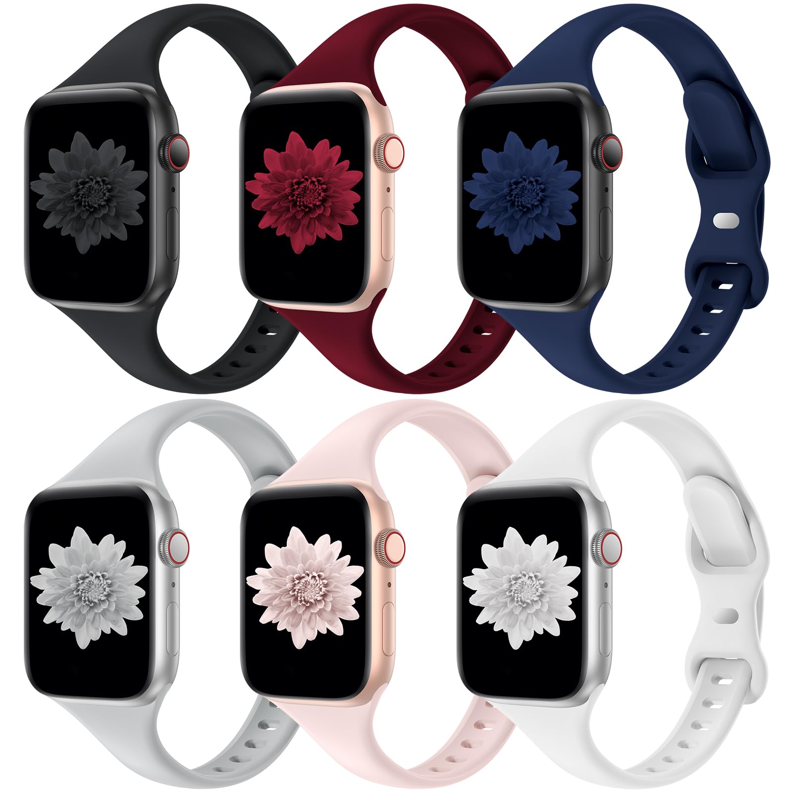 6 Pack Thin Slim Bands Compatible With Apple Watch 38Mm 40Mm 41Mm 42Mm 44Mm 45Mm 46Mm 49Mm, Replacement Soft Silicone Sport Stra