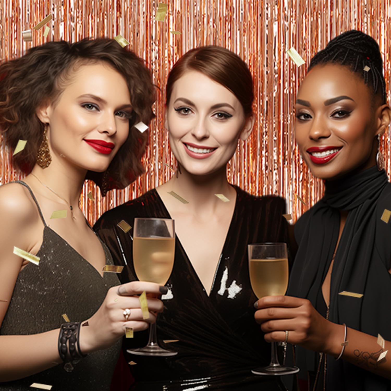 Decockrat 3 Pack Foil Fringe Backdrop   Rose Gold Shiny Tinsel Curtains For Party Decoration/Photo Booth Props   3.3X8.2 Ft Meta