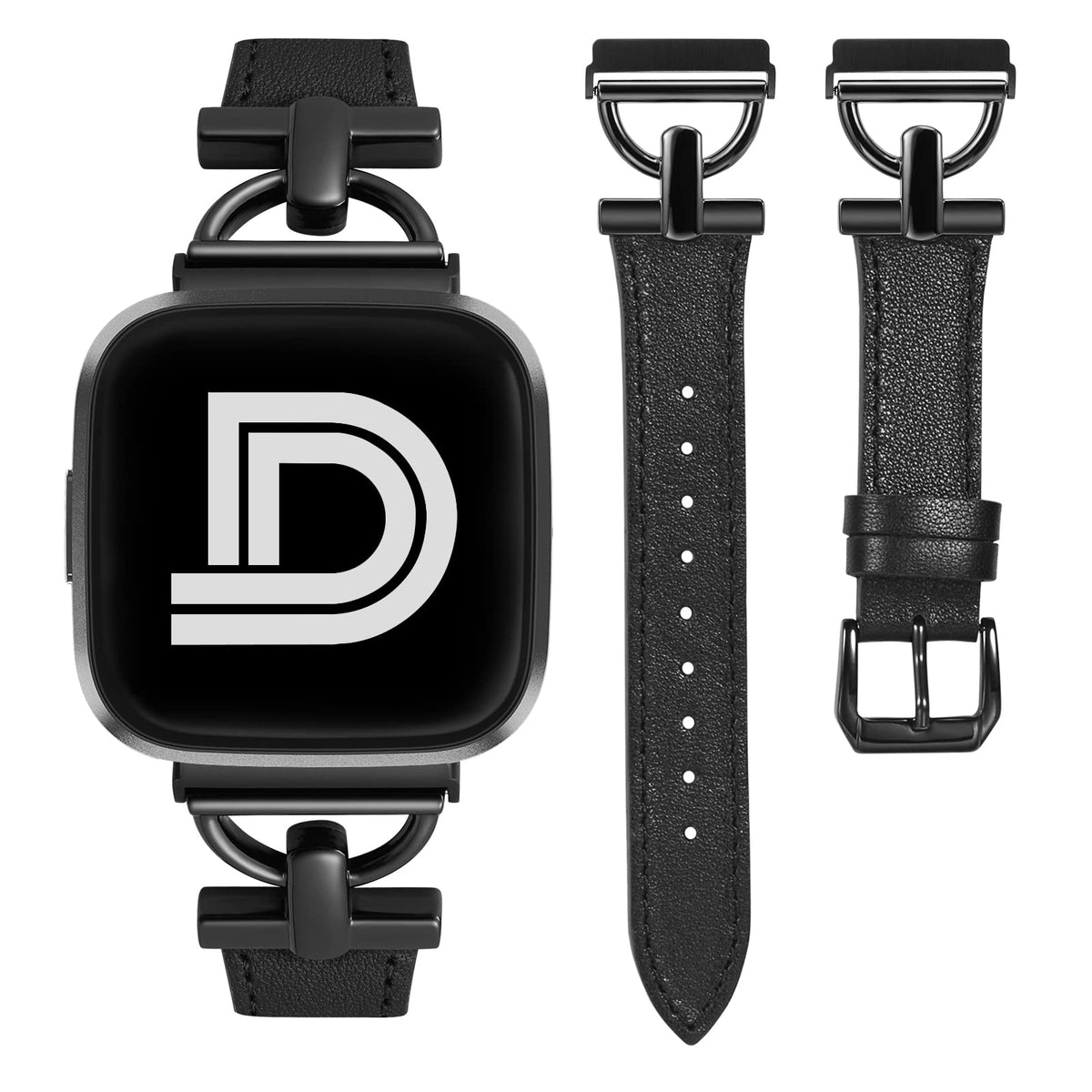 Wearlizer Leather Band Compatible With Fitbit Versa & Versa 2 Bands For Women, Dressy Slim Leather Strap Wristband With D-Shape 
