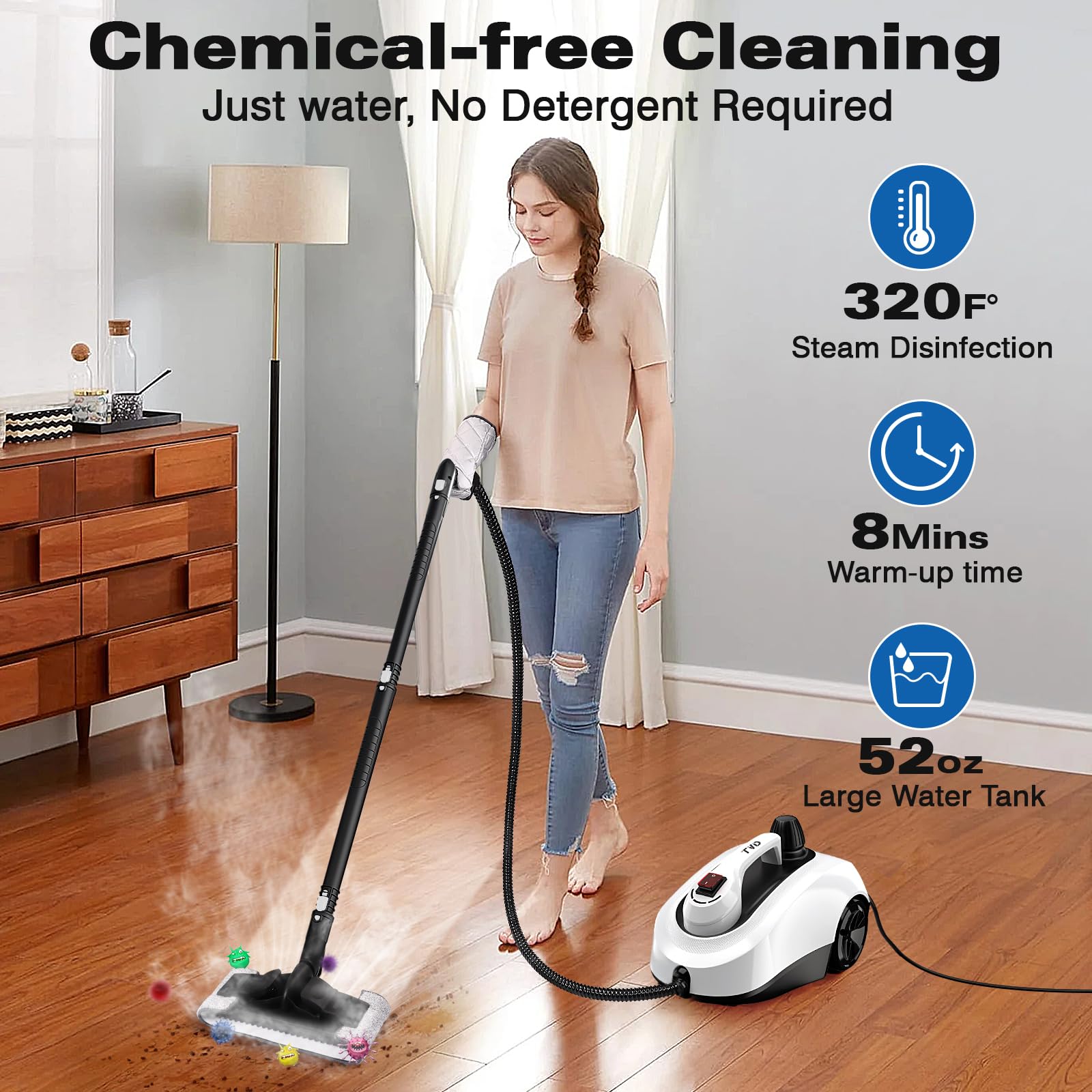 Tvd Steam Cleaner, Heavy Duty Canister Steamer With 26 Accessories, Steam Mop With 5M Extra Long Power Cord For Home Floor Clean