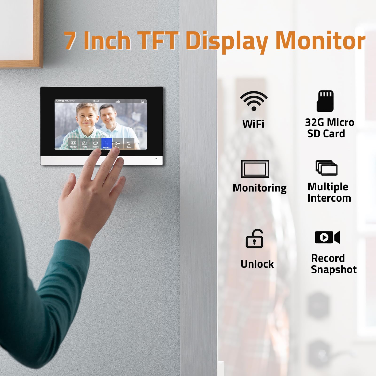 Wireless Ip Video Doorbell Intercom System, Wifi 7 Inch Monitor With Metal Hd Door Camera (Wired Power), Video Intercom With 32G Card Record, App Remote 2 Way Audio, Unlock For Home Security System