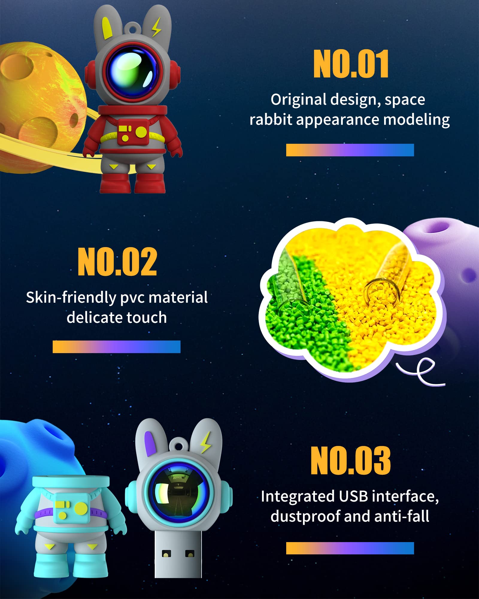 Cute Space Rabbit Usb Flash Drive, Thumb Drive Waterproof Usb 2.0 Memory Stick Small Size Usb Drive Gift (128G, Red)